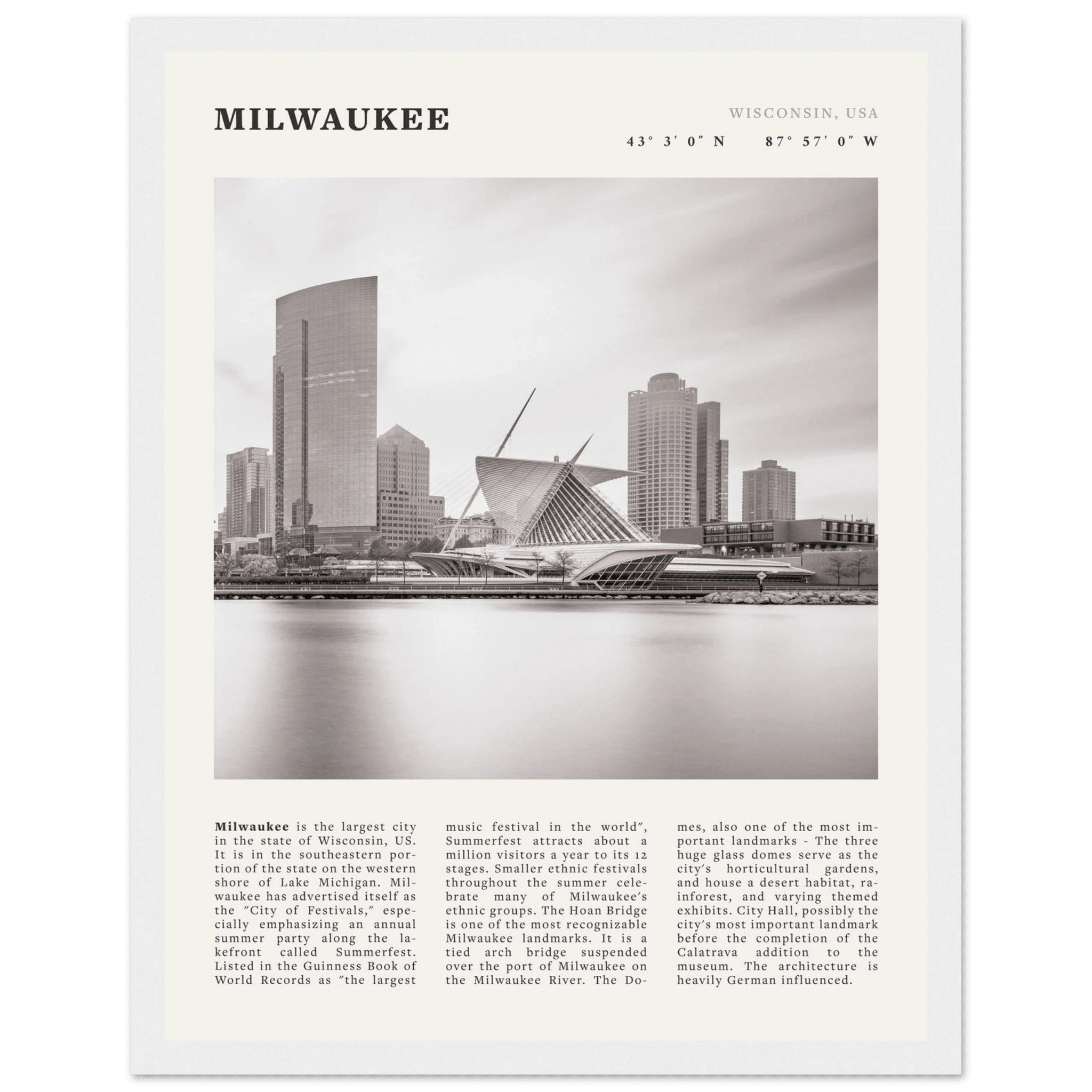 Milwaukee Poster | Black & White Wisconsin City Wall Art | USA Travel Print - Evergreen Posters