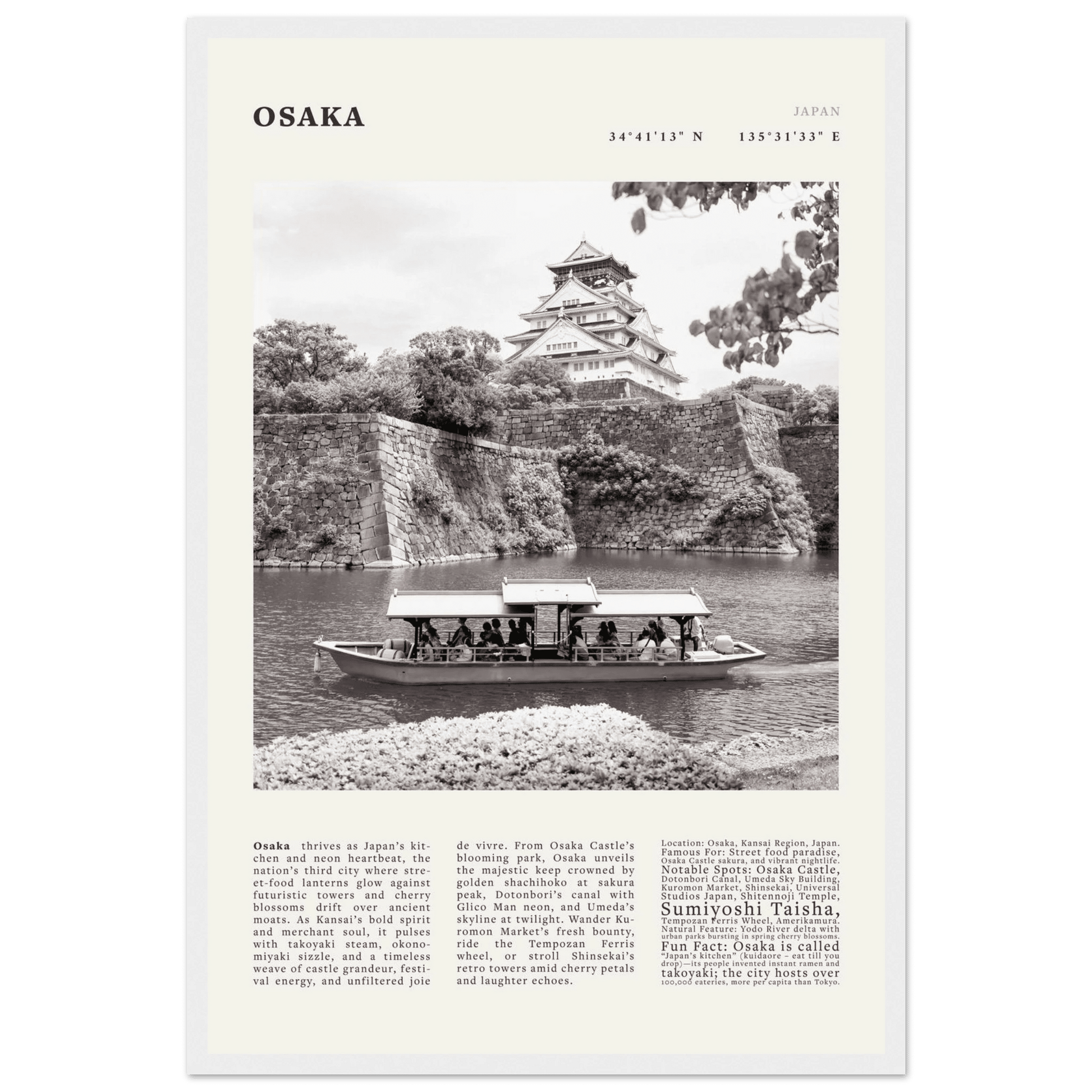 Osaka Poster Black and White – Vintage Osaka Castle Cherry Blossom Print (Digital & Printed Options) - Evergreen Posters