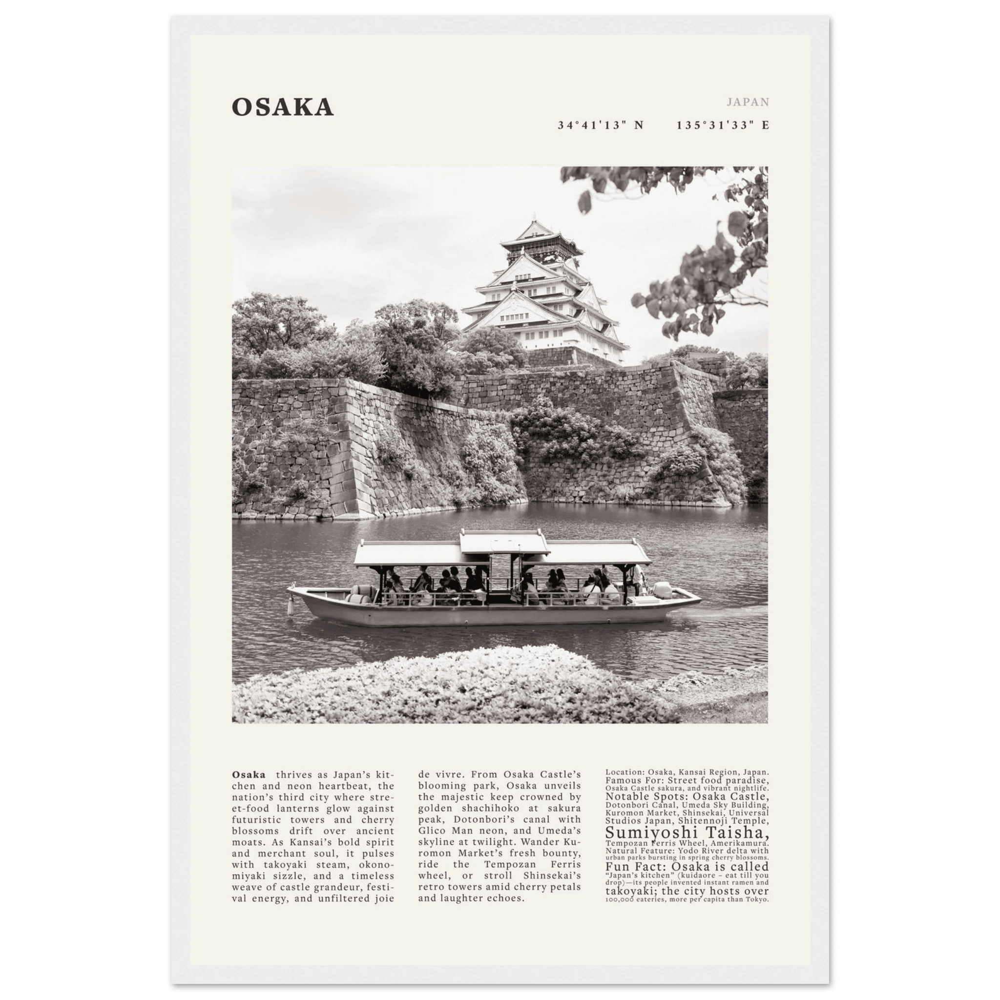 Osaka Poster Black and White – Vintage Osaka Castle Cherry Blossom Print (Digital & Printed Options) - Evergreen Posters