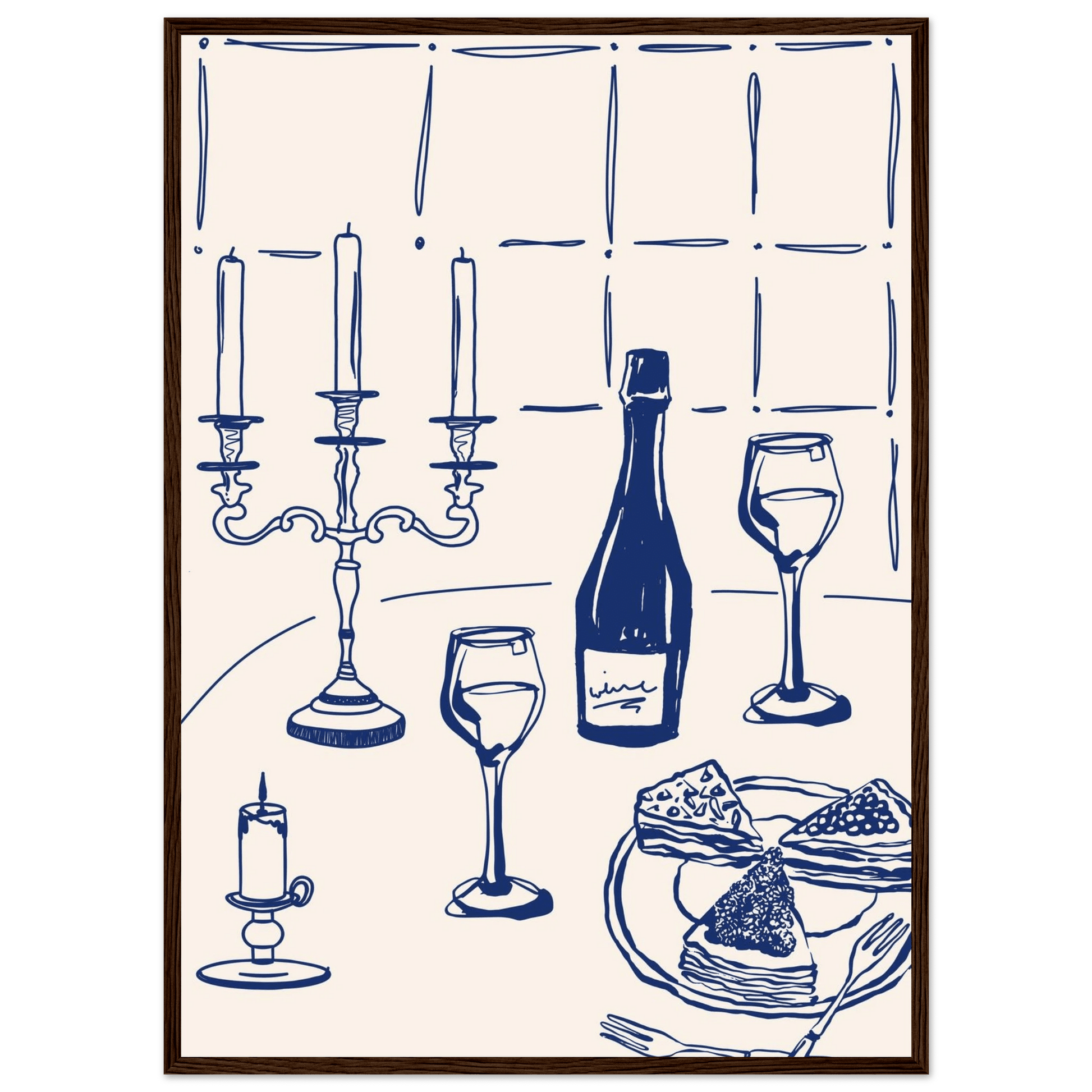 Candlelight Dinner Print | Navy Blue Wine & Candelabra Line Art | Kitchen Poster - Evergreen Posters