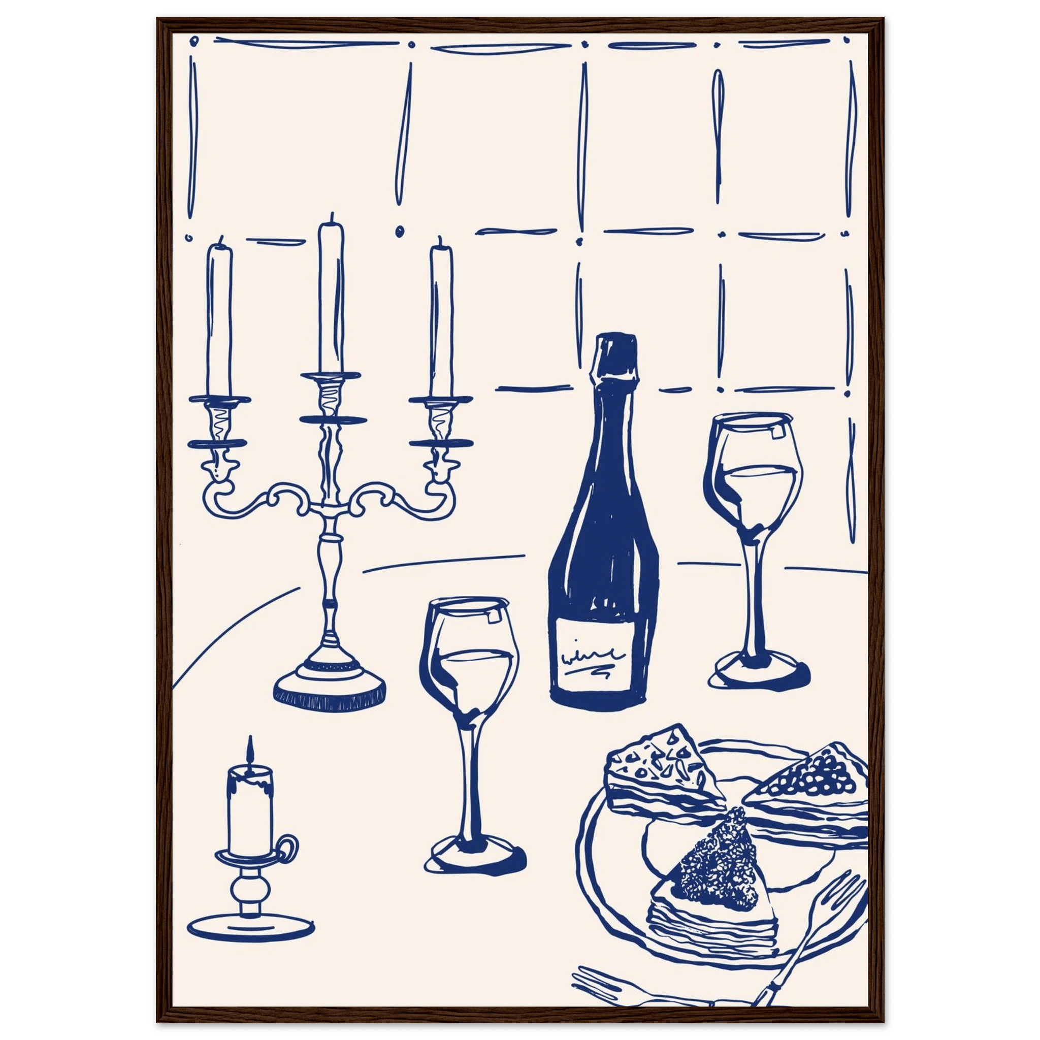 Candlelight Dinner Print | Navy Blue Wine & Candelabra Line Art | Kitchen Poster - Evergreen Posters