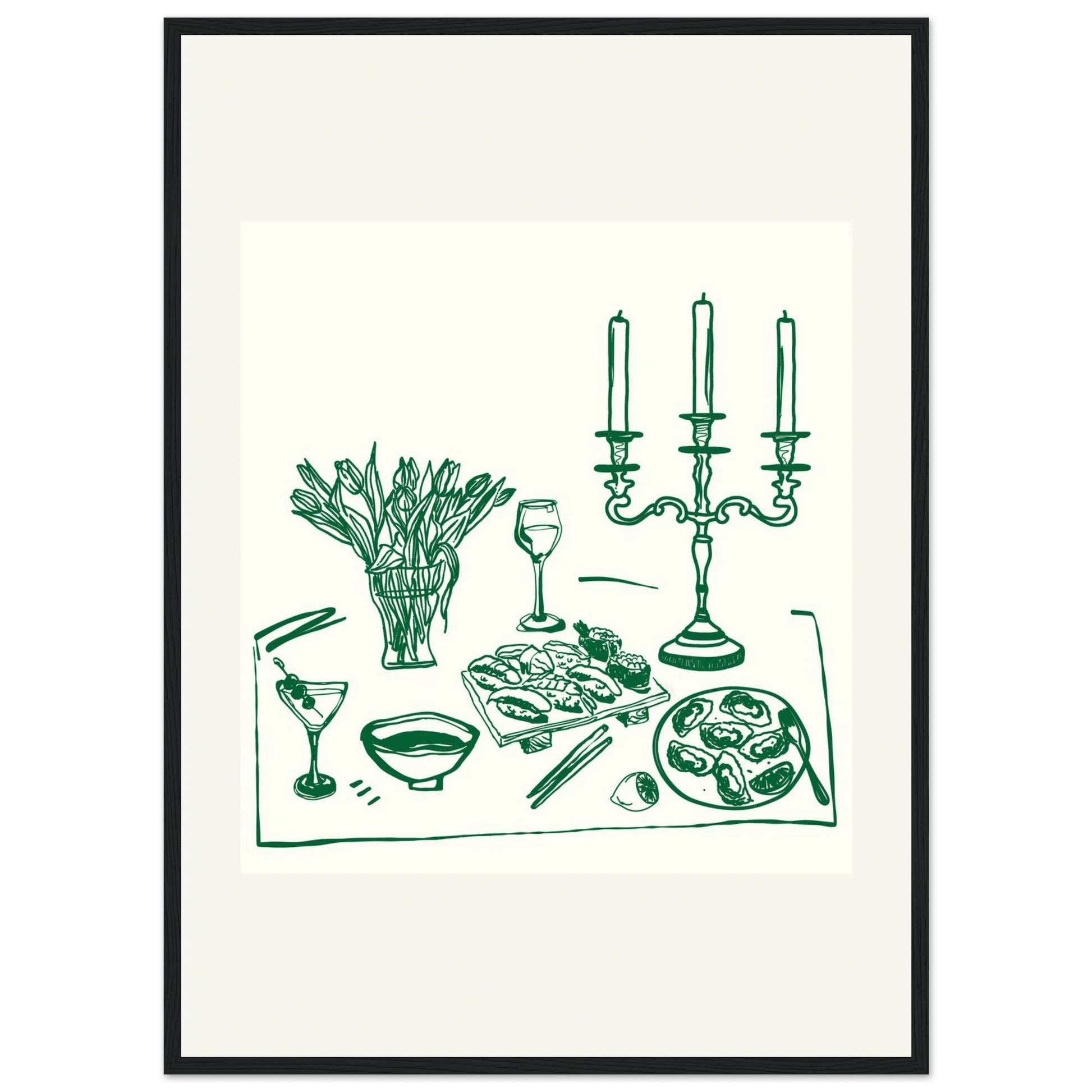 Fine Dining Table Print | Green Line Art Kitchen Wall Art | Elegant Dining Room Poster - Evergreen Posters