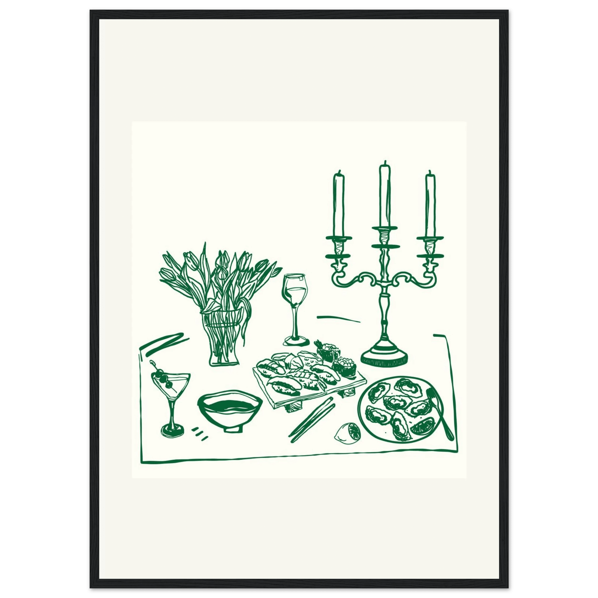 Fine Dining Table Print | Green Line Art Kitchen Wall Art | Elegant Dining Room Poster - Evergreen Posters