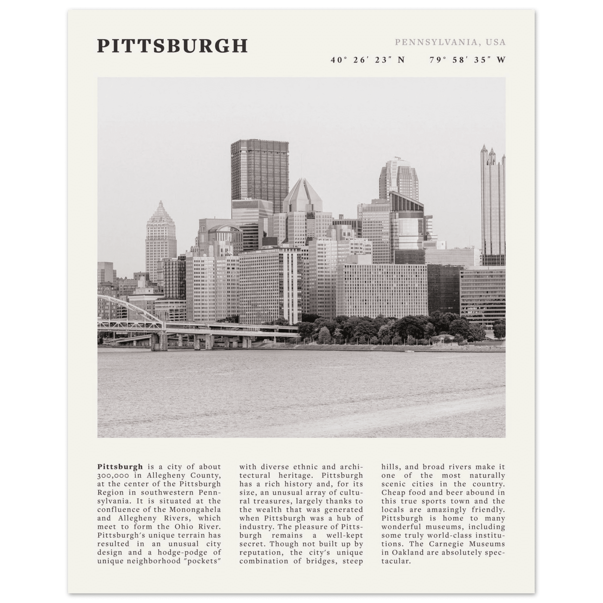 Pittsburgh Poster | Black & White Pennsylvania Skyline Wall Art | PA Travel Print - Evergreen Posters