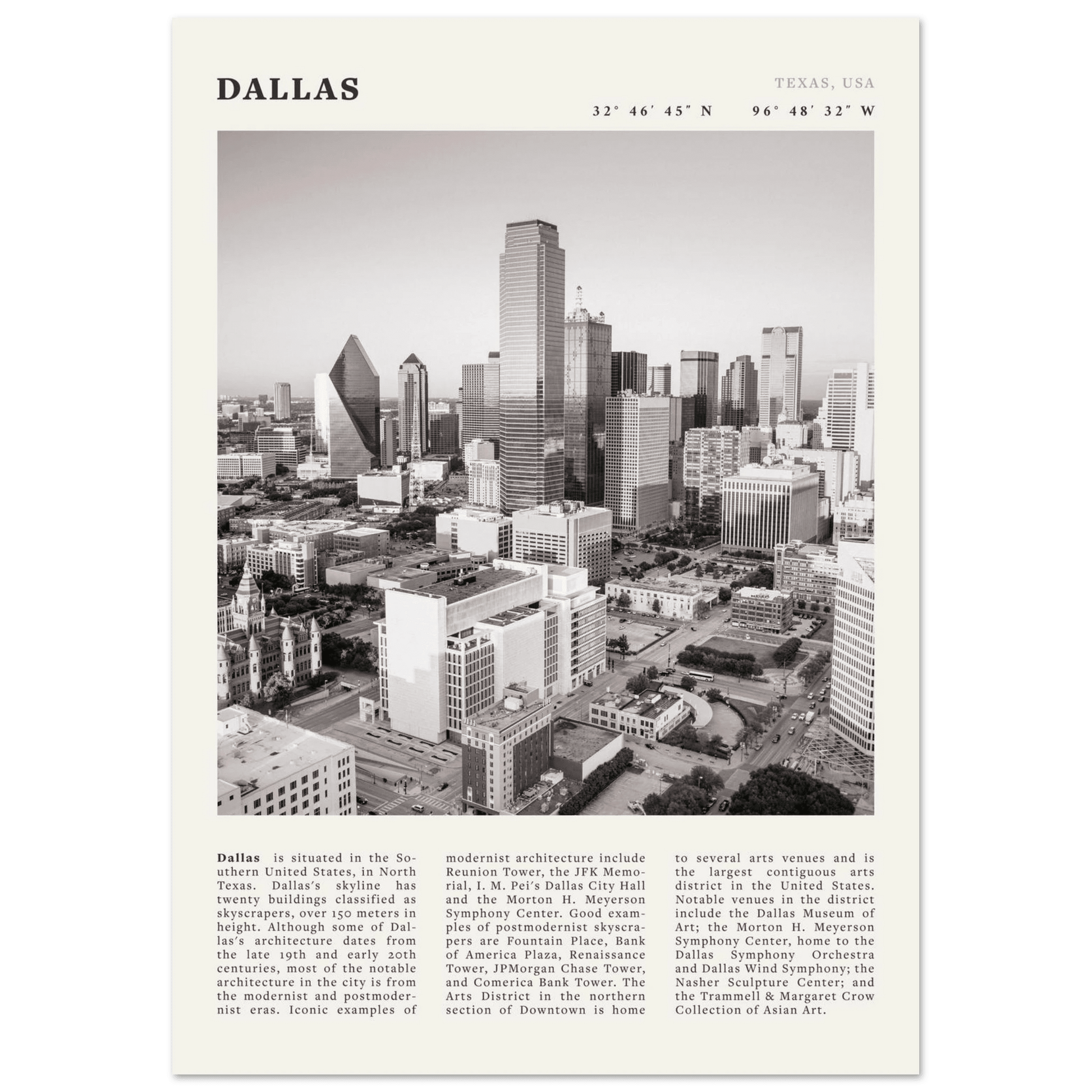 Dallas Poster | Black & White Texas Skyline Wall Art | City Travel Print Decor - Evergreen Posters