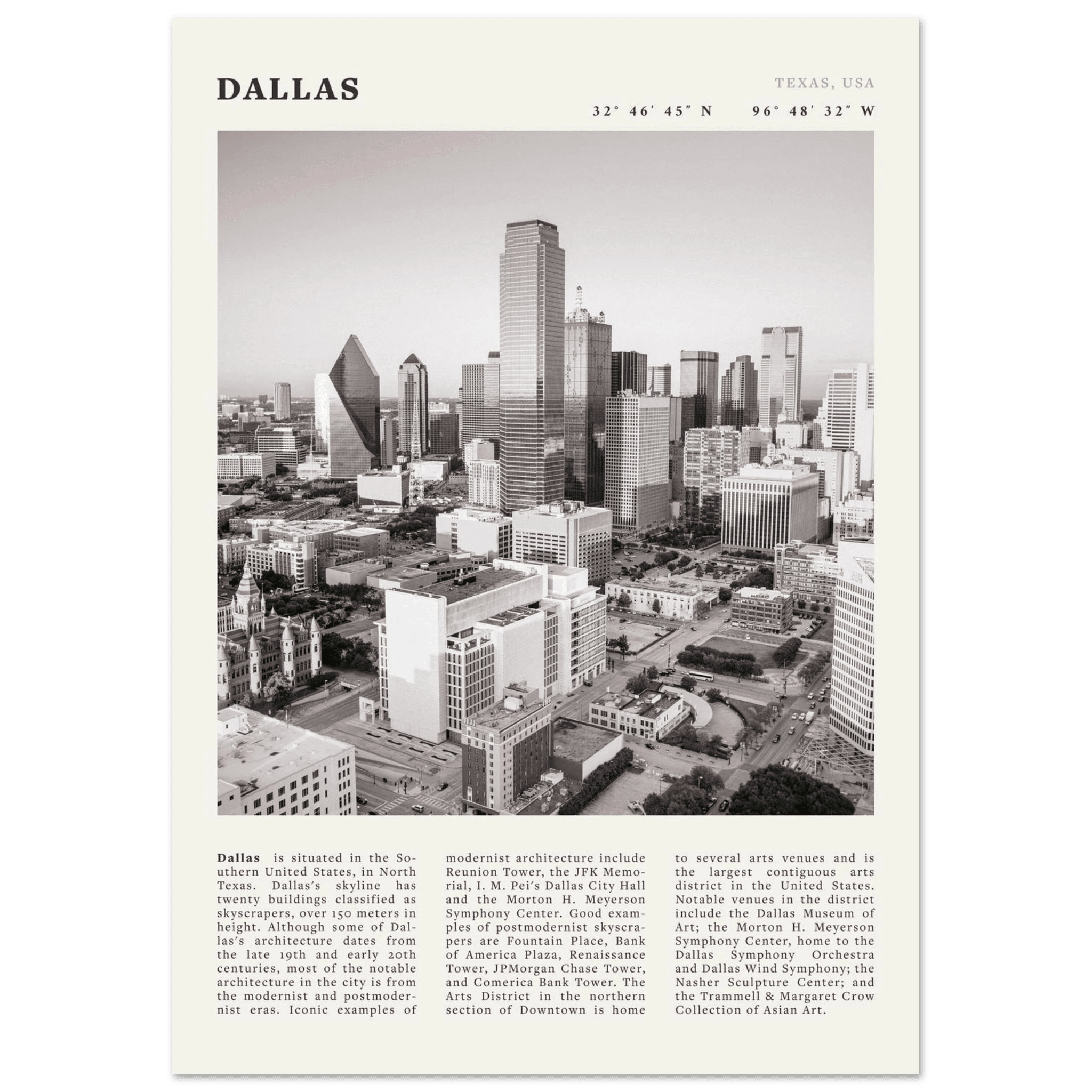 Dallas Poster | Black & White Texas Skyline Wall Art | City Travel Print Decor - Evergreen Posters