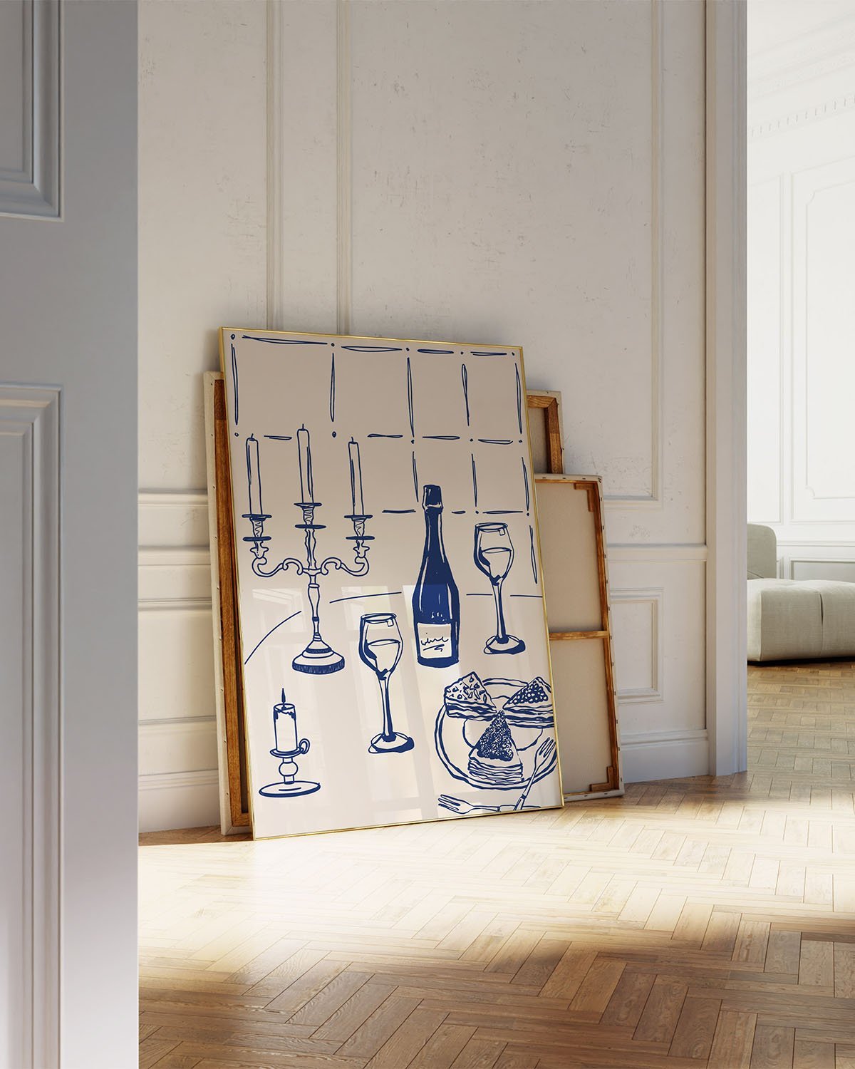 Candlelight Dinner Print | Navy Blue Wine & Candelabra Line Art | Kitchen Poster - Evergreen Posters