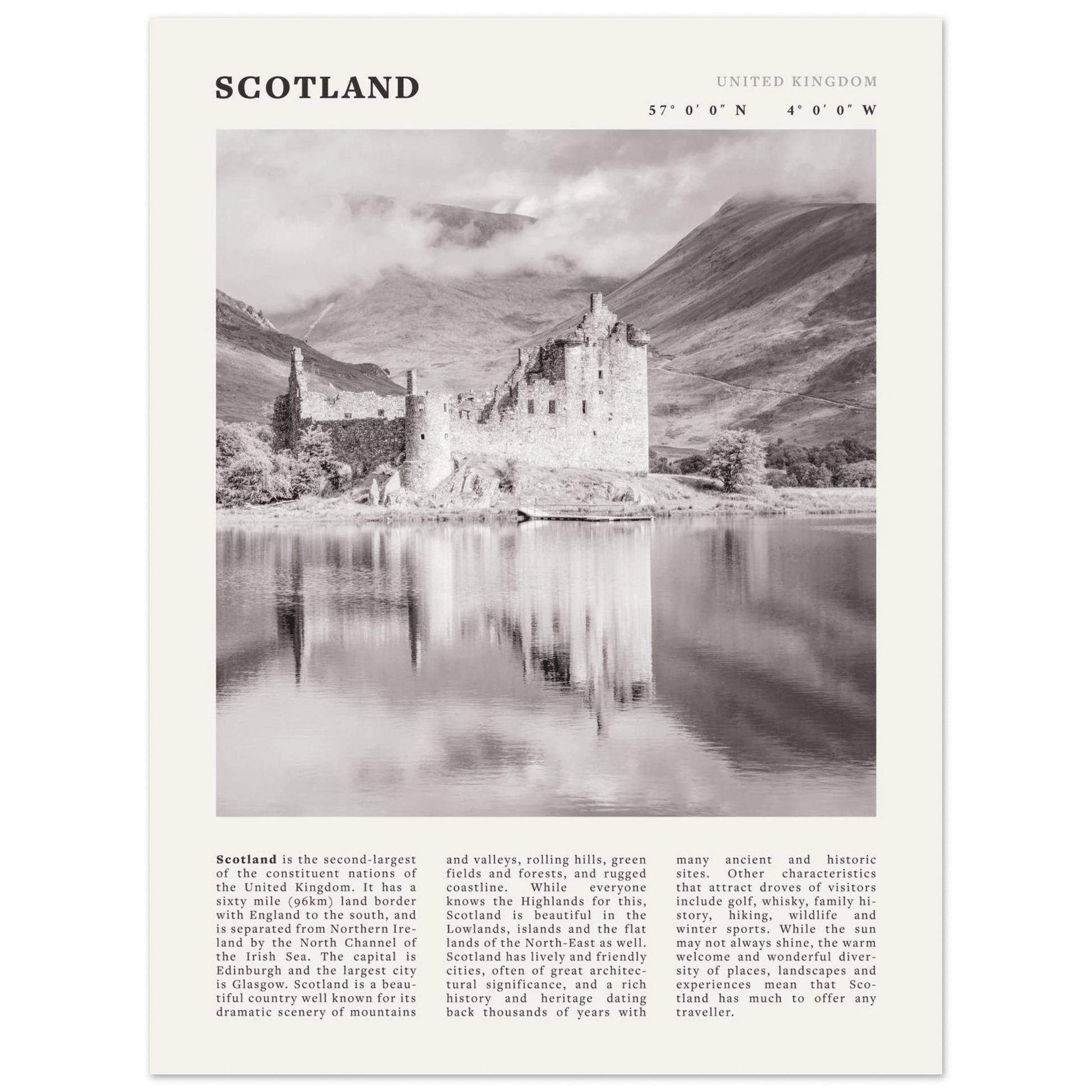 Scotland Poster | Black & White Highland Castle Wall Art | UK Travel Print Decor - Evergreen Posters