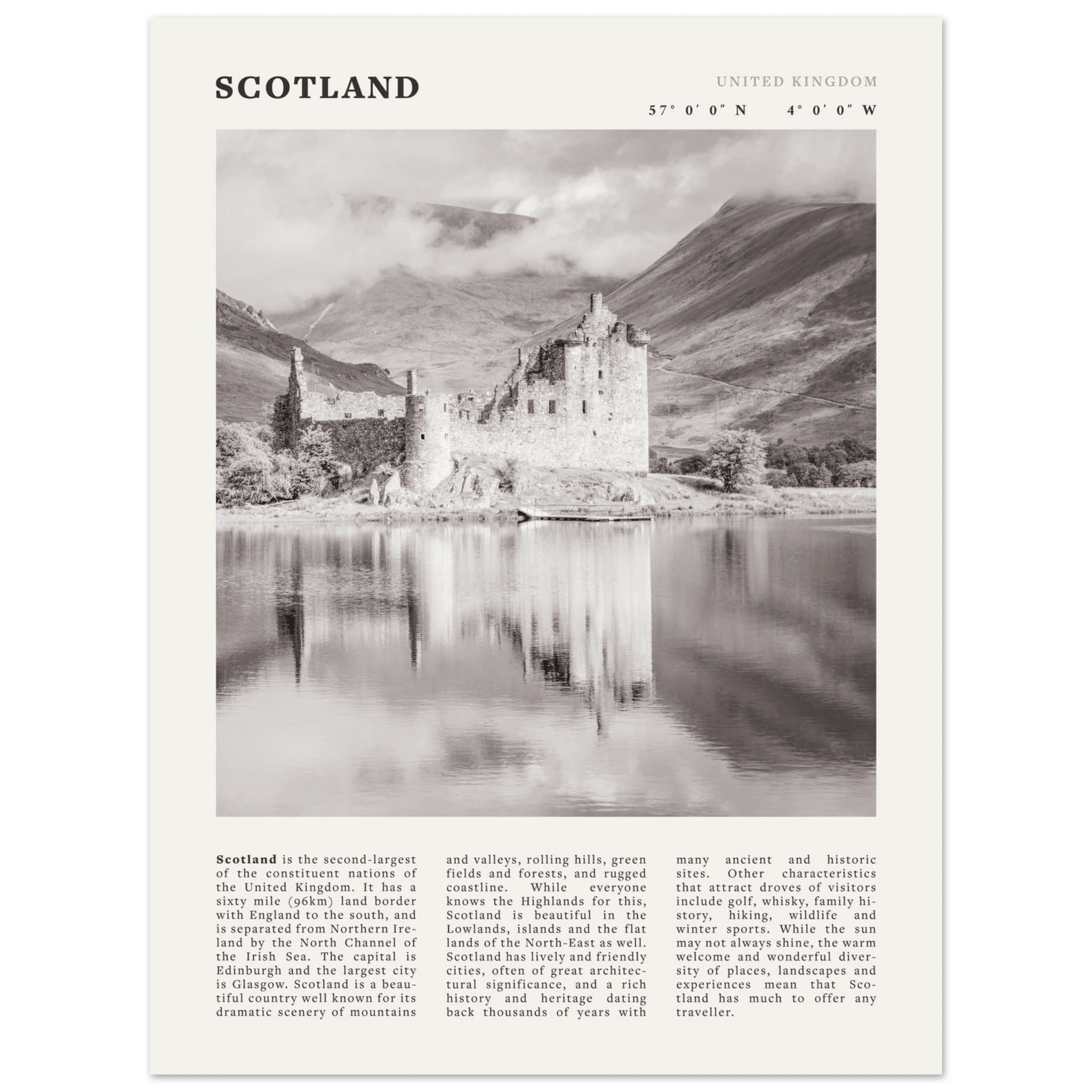 Scotland Poster | Black & White Highland Castle Wall Art | UK Travel Print Decor - Evergreen Posters
