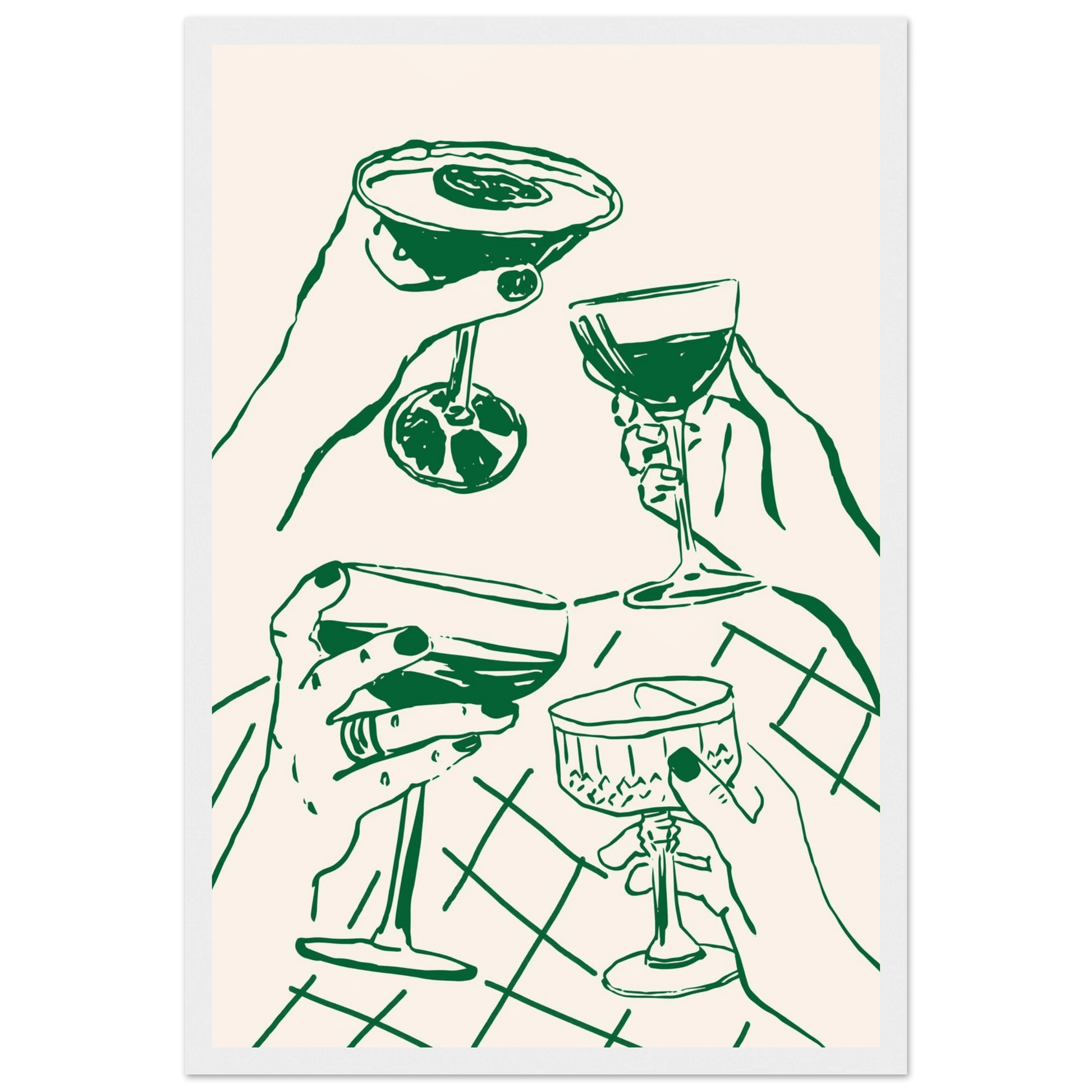 Cheers Print | Forest Green Cocktail Glasses Wall Art | Kitchen Bar Poster - Evergreen Posters