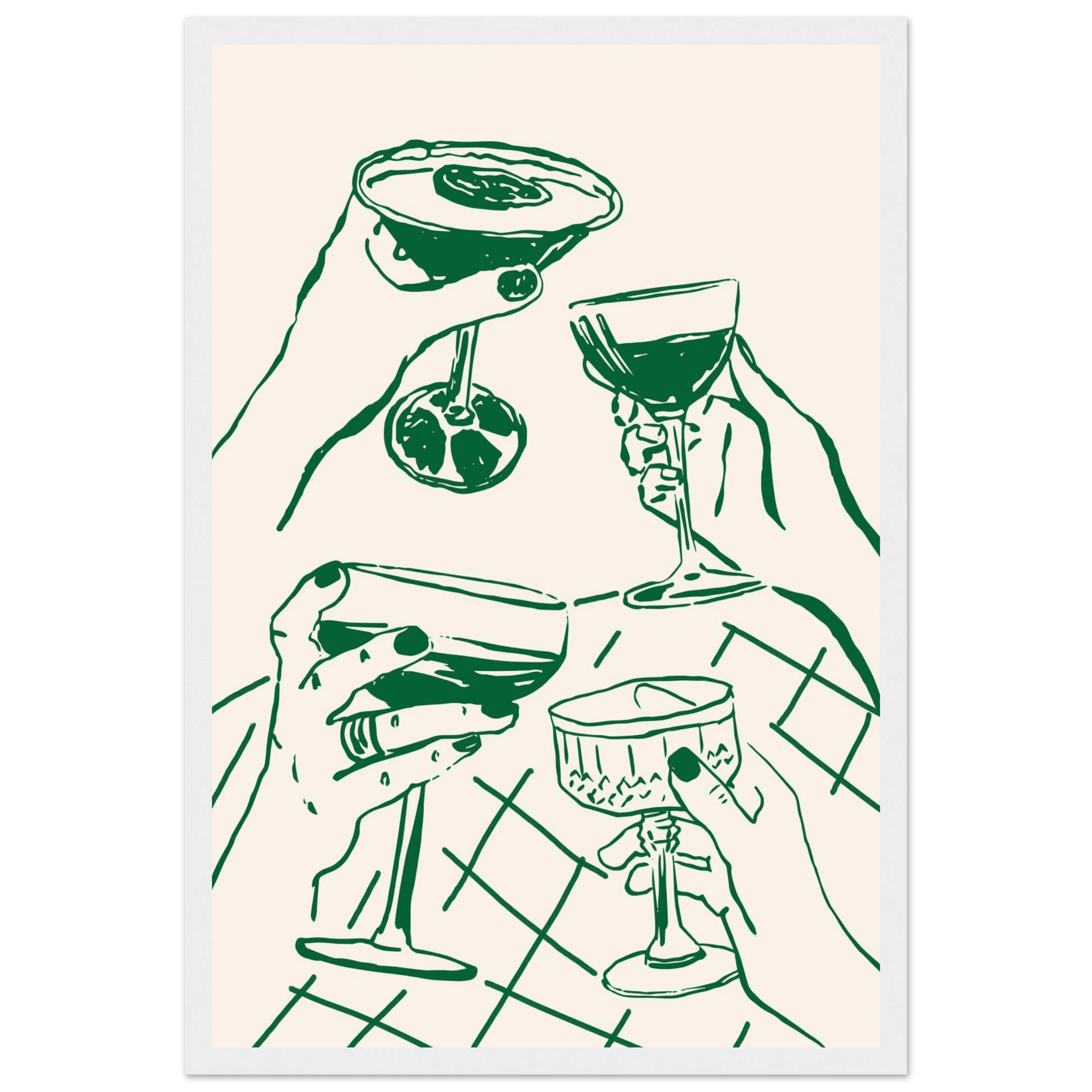 Cheers Print | Forest Green Cocktail Glasses Wall Art | Kitchen Bar Poster - Evergreen Posters