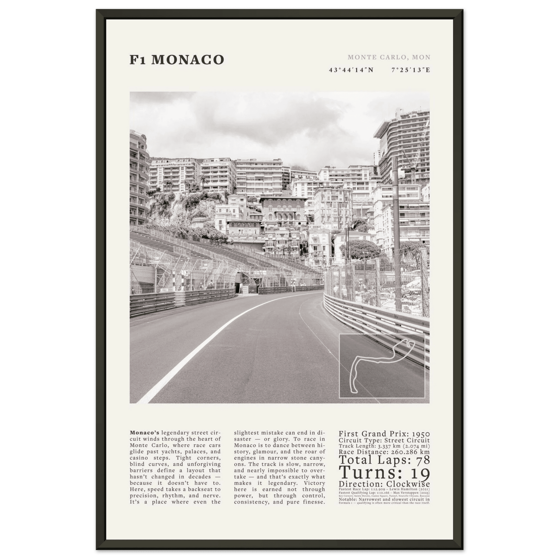 F1 Monaco Poster Black and White – Vintage Monte Carlo Street Circuit Print (Digital & Printed Options) - Evergreen Posters
