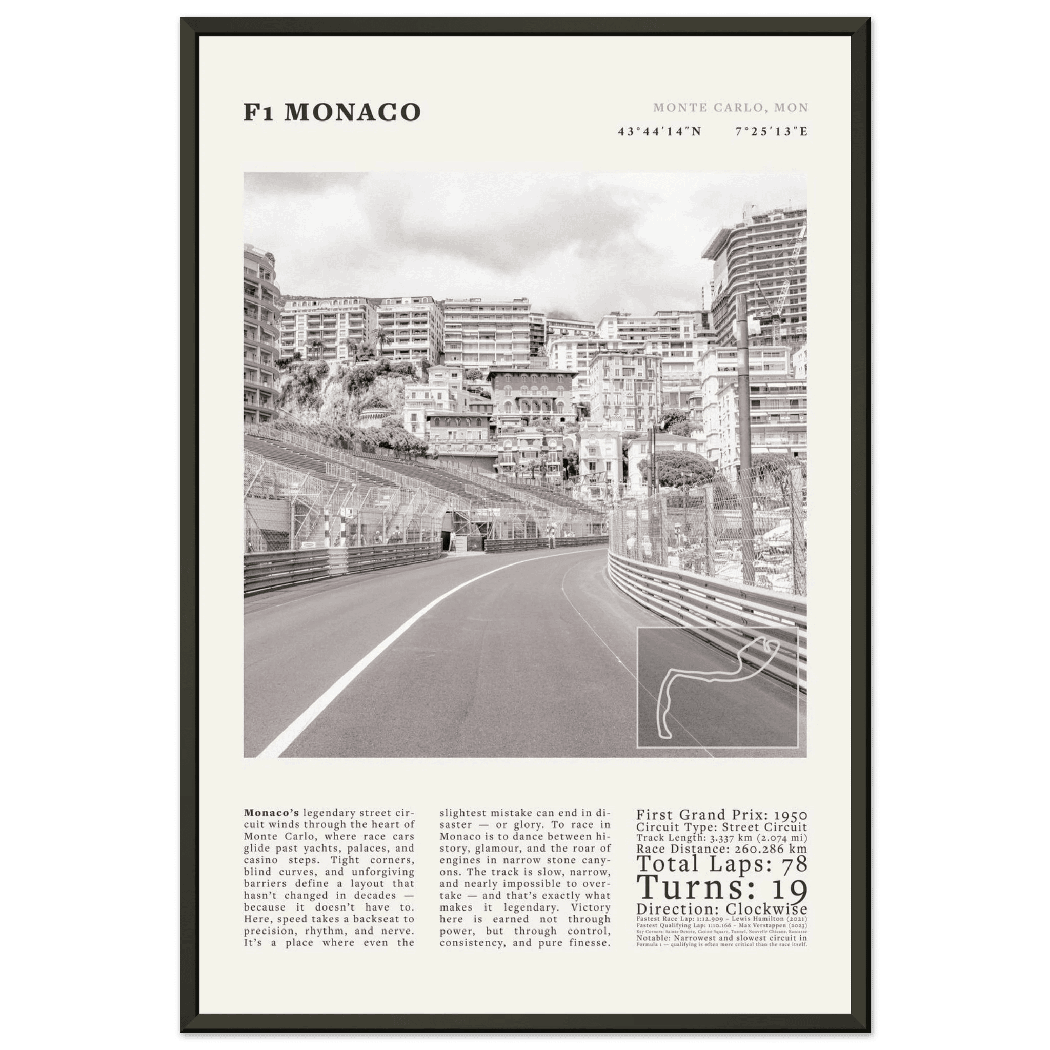 F1 Monaco Poster Black and White – Vintage Monte Carlo Street Circuit Print (Digital & Printed Options) - Evergreen Posters
