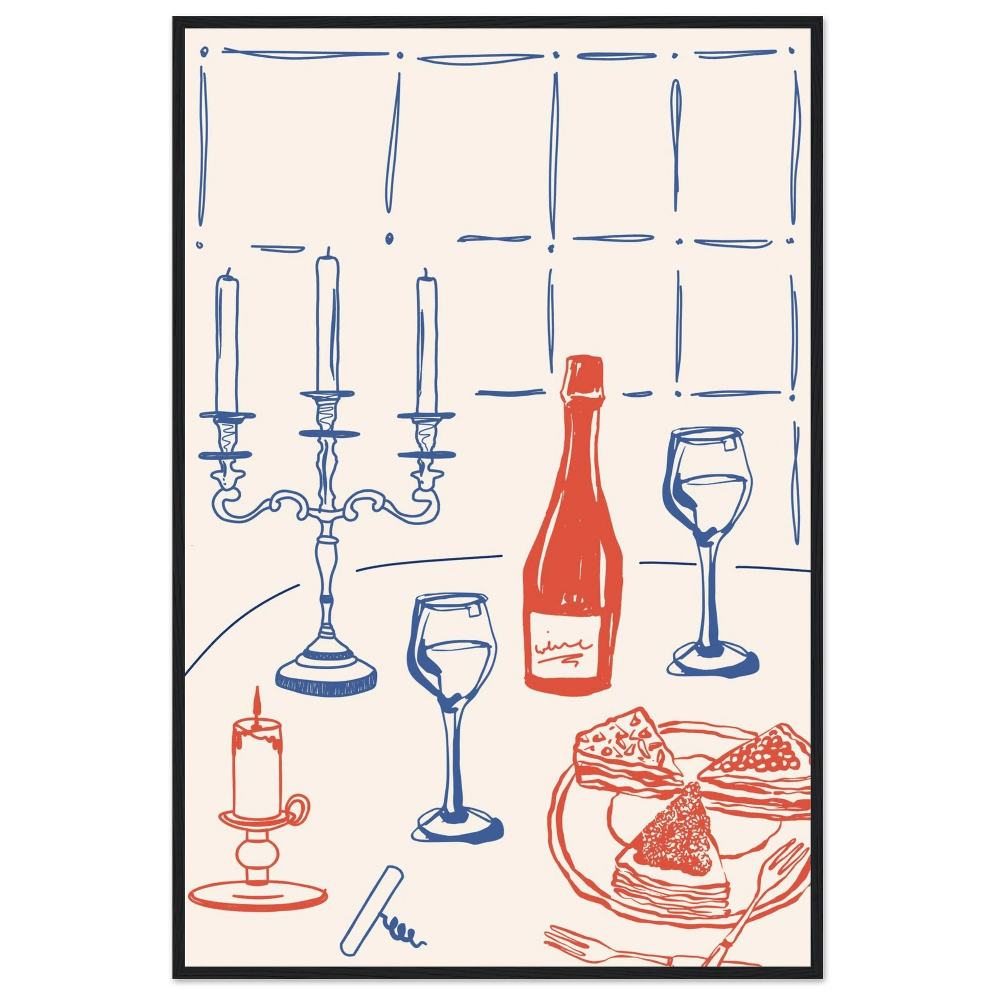Candlelight Dinner Print | Wine & Candelabra Line Art Wall Art | Kitchen Poster - Evergreen Posters