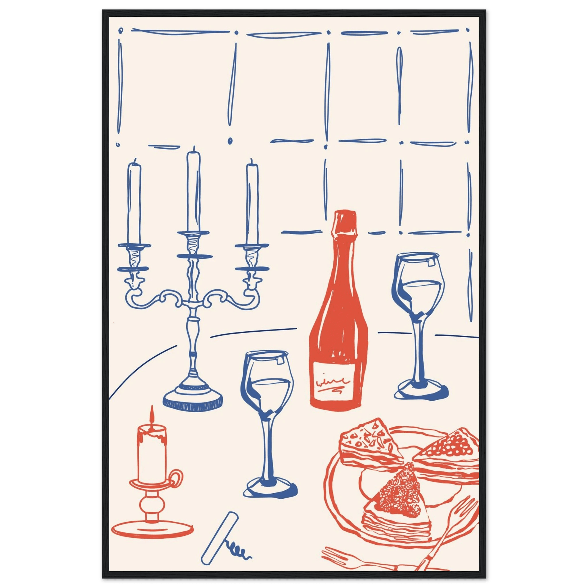 Candlelight Dinner Print | Wine & Candelabra Line Art Wall Art | Kitchen Poster - Evergreen Posters