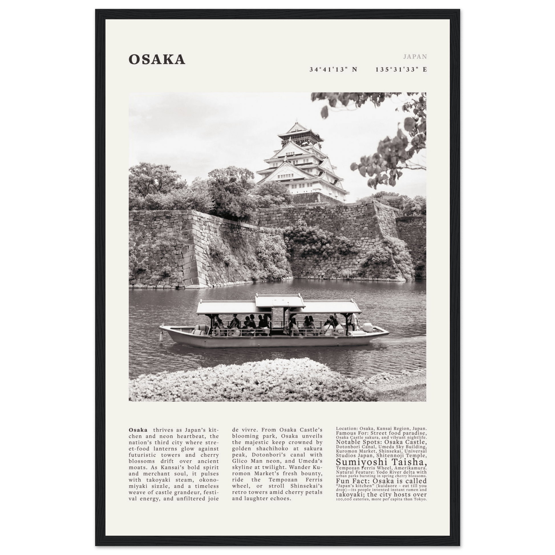 Osaka Poster Black and White – Vintage Osaka Castle Cherry Blossom Print (Digital & Printed Options) - Evergreen Posters