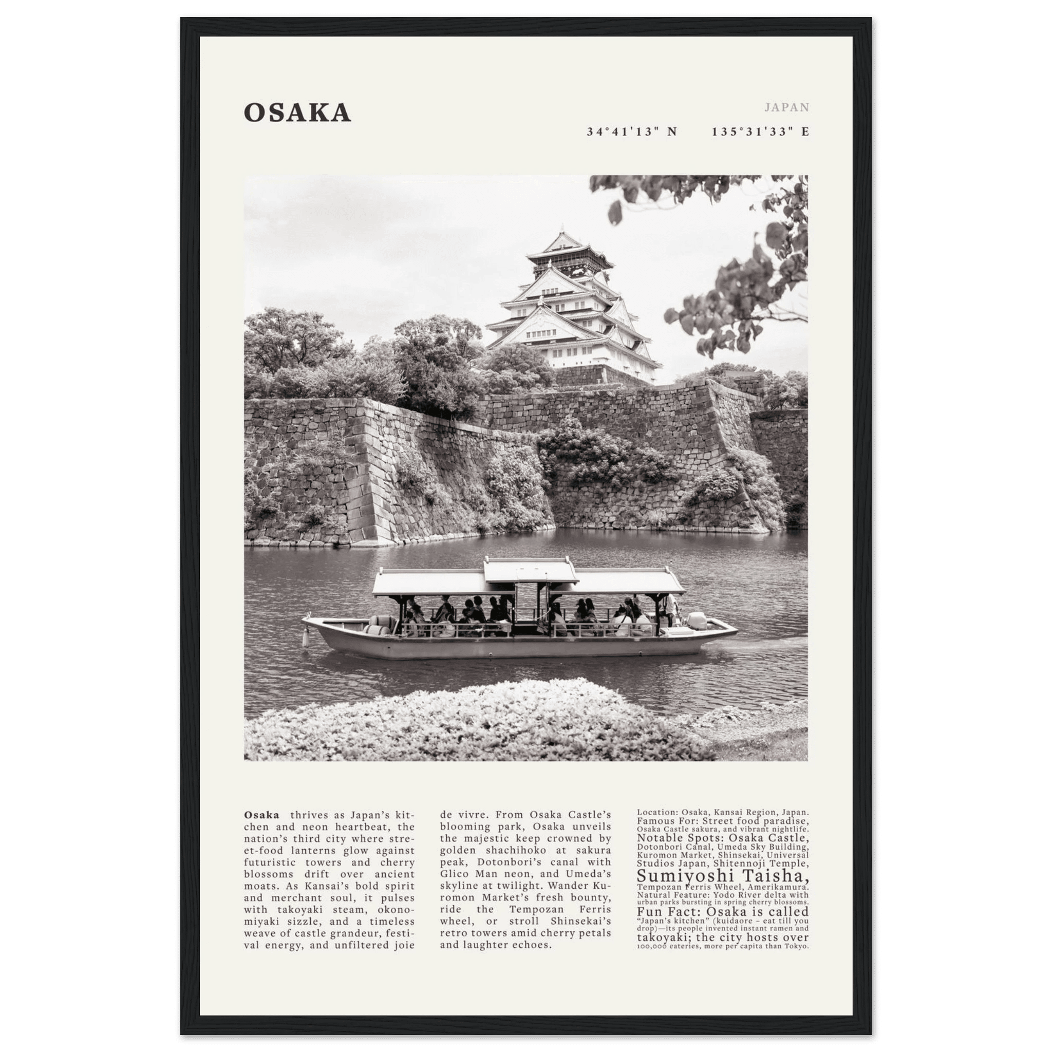 Osaka Poster Black and White – Vintage Osaka Castle Cherry Blossom Print (Digital & Printed Options) - Evergreen Posters