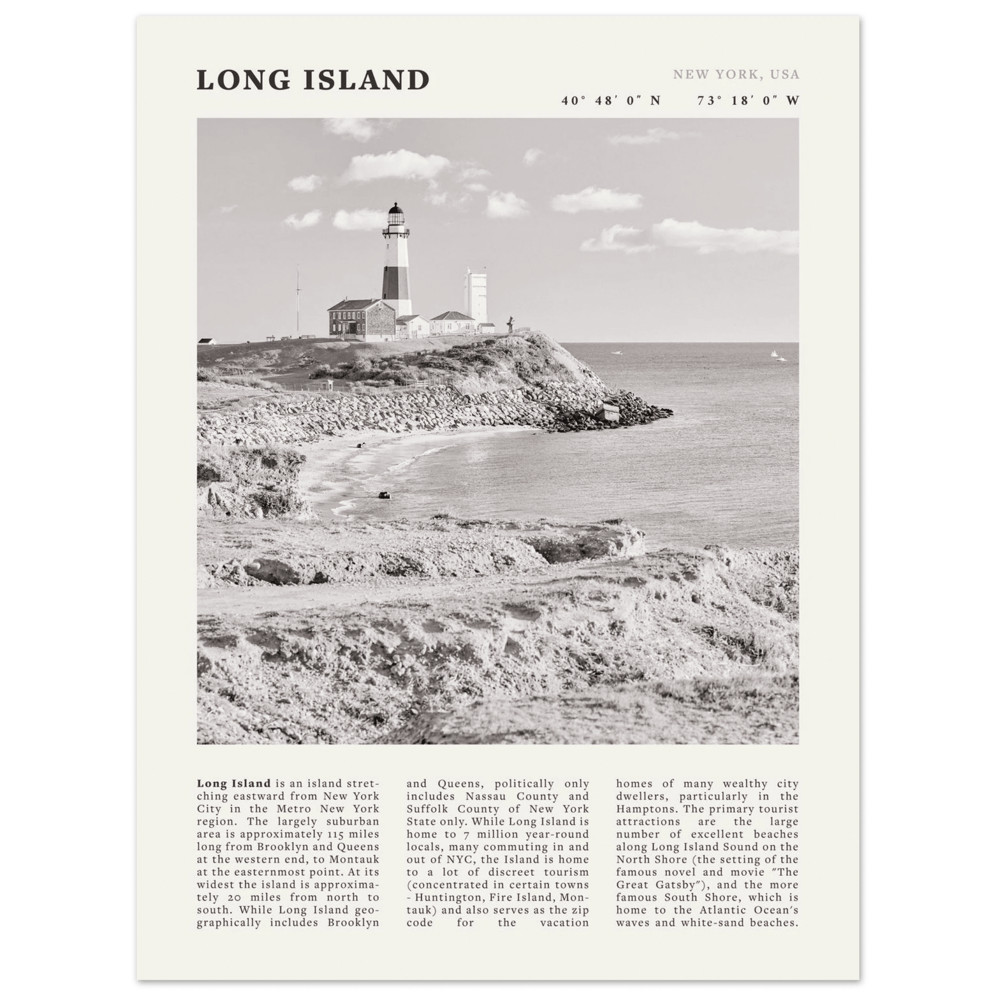 Long Island Poster | Black & White Montauk Lighthouse Wall Art | New York Print - Evergreen Posters