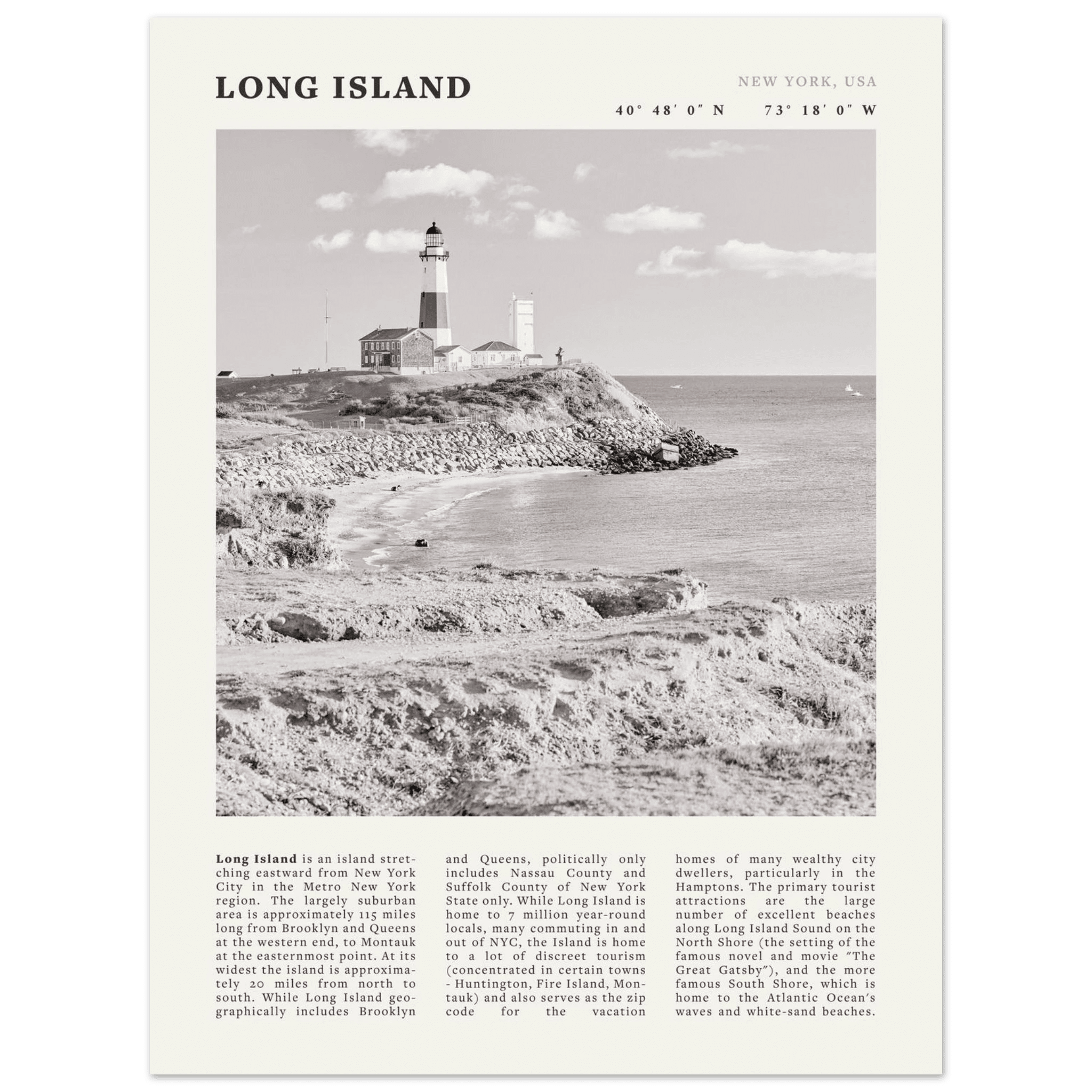 Long Island Poster | Black & White Montauk Lighthouse Wall Art | New York Print - Evergreen Posters