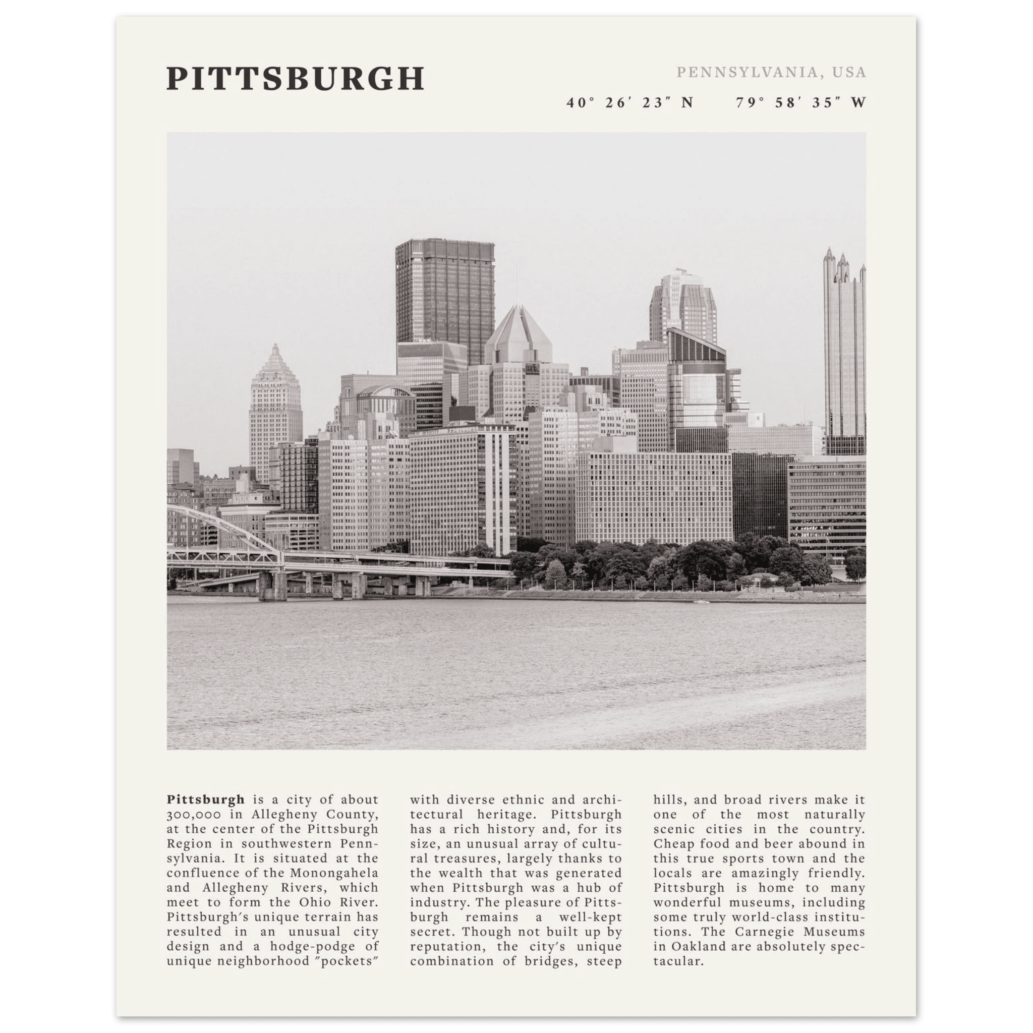 Pittsburgh Poster | Black & White Pennsylvania Skyline Wall Art | PA Travel Print - Evergreen Posters