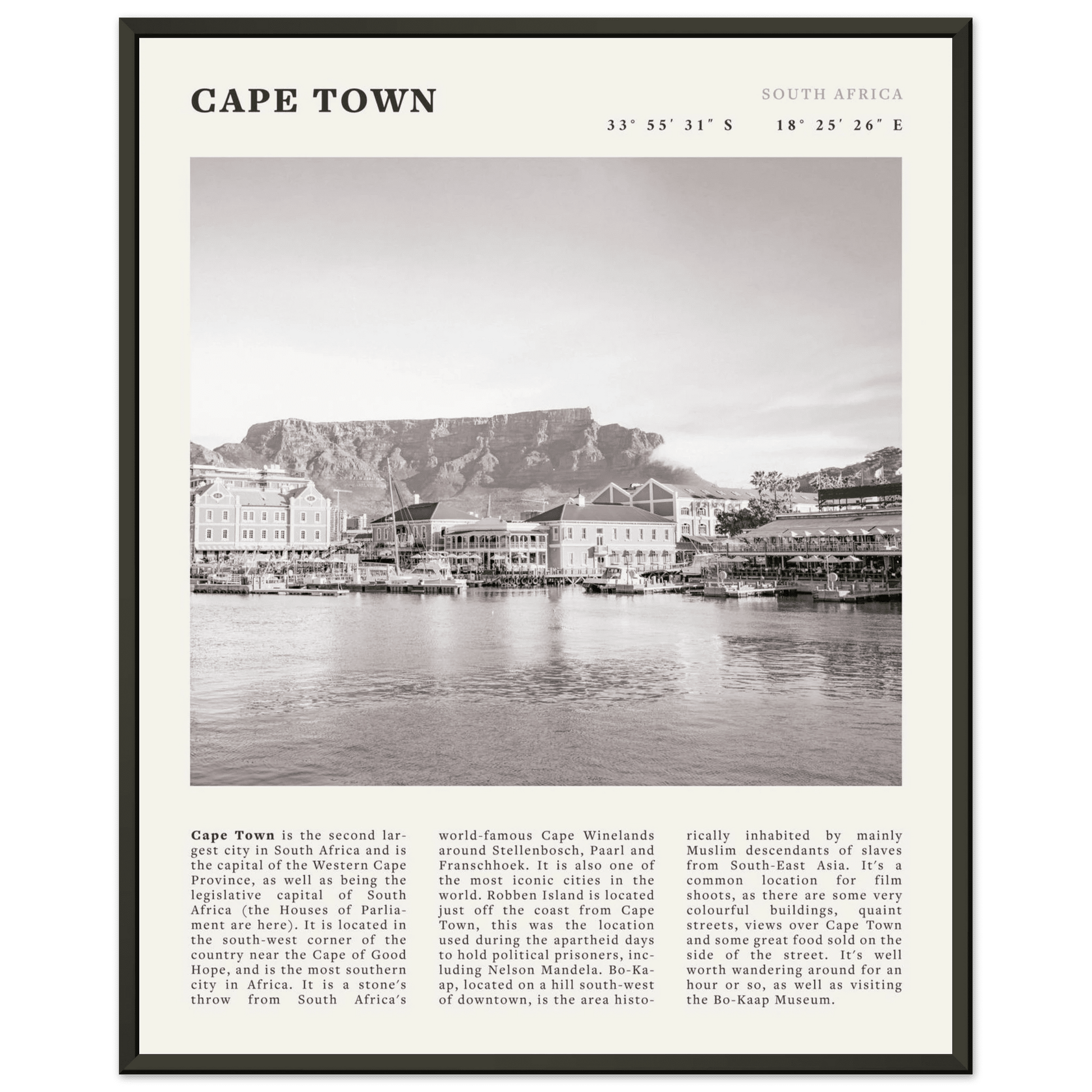 Cape Town Poster | Black & White Table Mountain Wall Art | South Africa Travel Print - Evergreen Posters