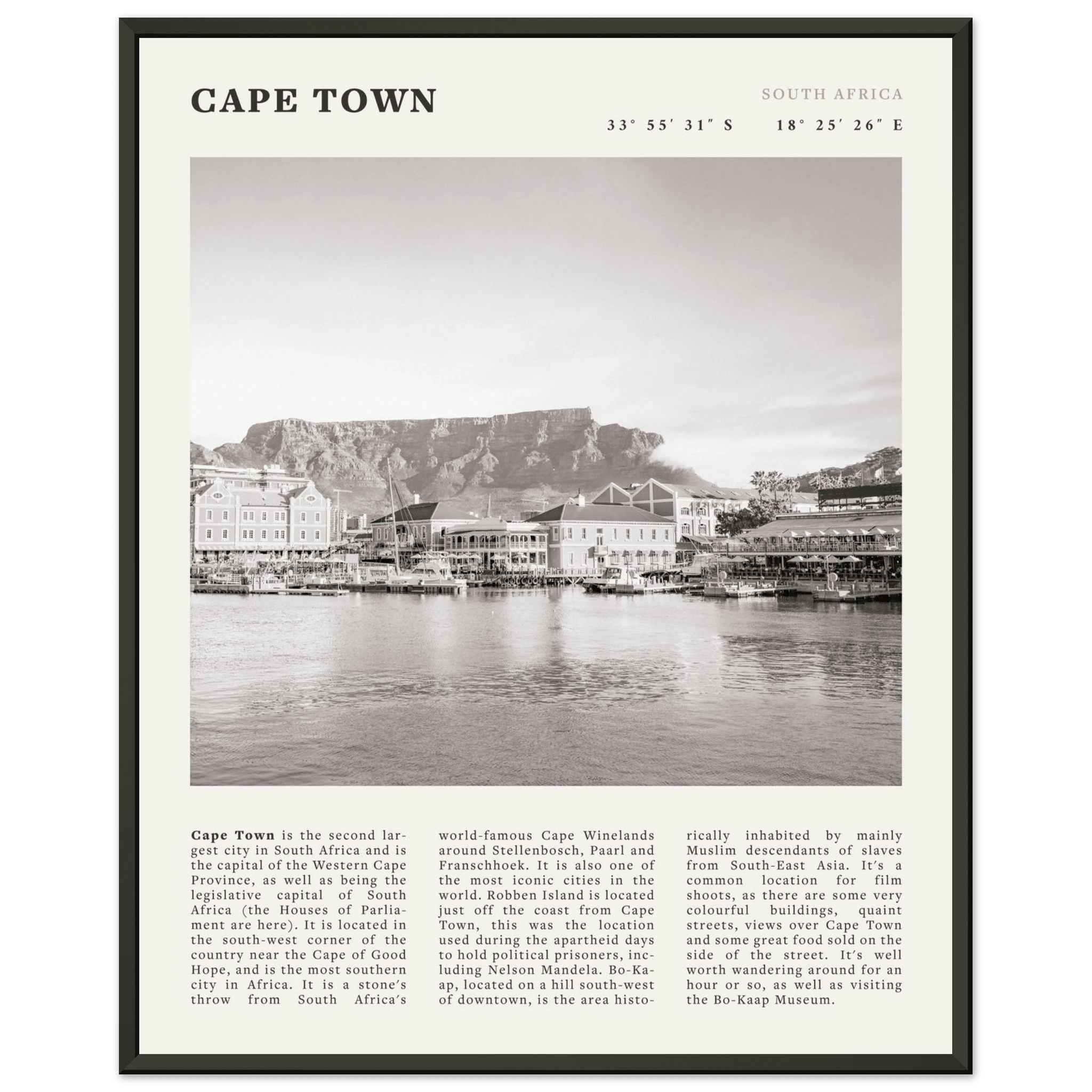 Cape Town Poster | Black & White Table Mountain Wall Art | South Africa Travel Print - Evergreen Posters