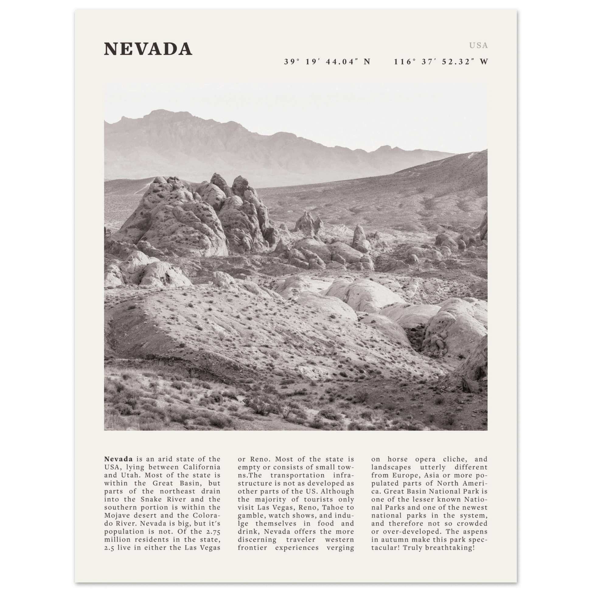 Nevada Poster | Black & White Desert Landscape Wall Art | USA Travel Print Decor - Evergreen Posters