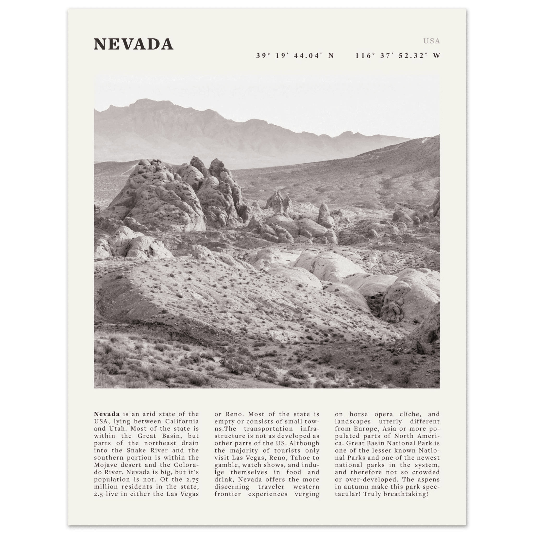 Nevada Poster | Black & White Desert Landscape Wall Art | USA Travel Print Decor - Evergreen Posters