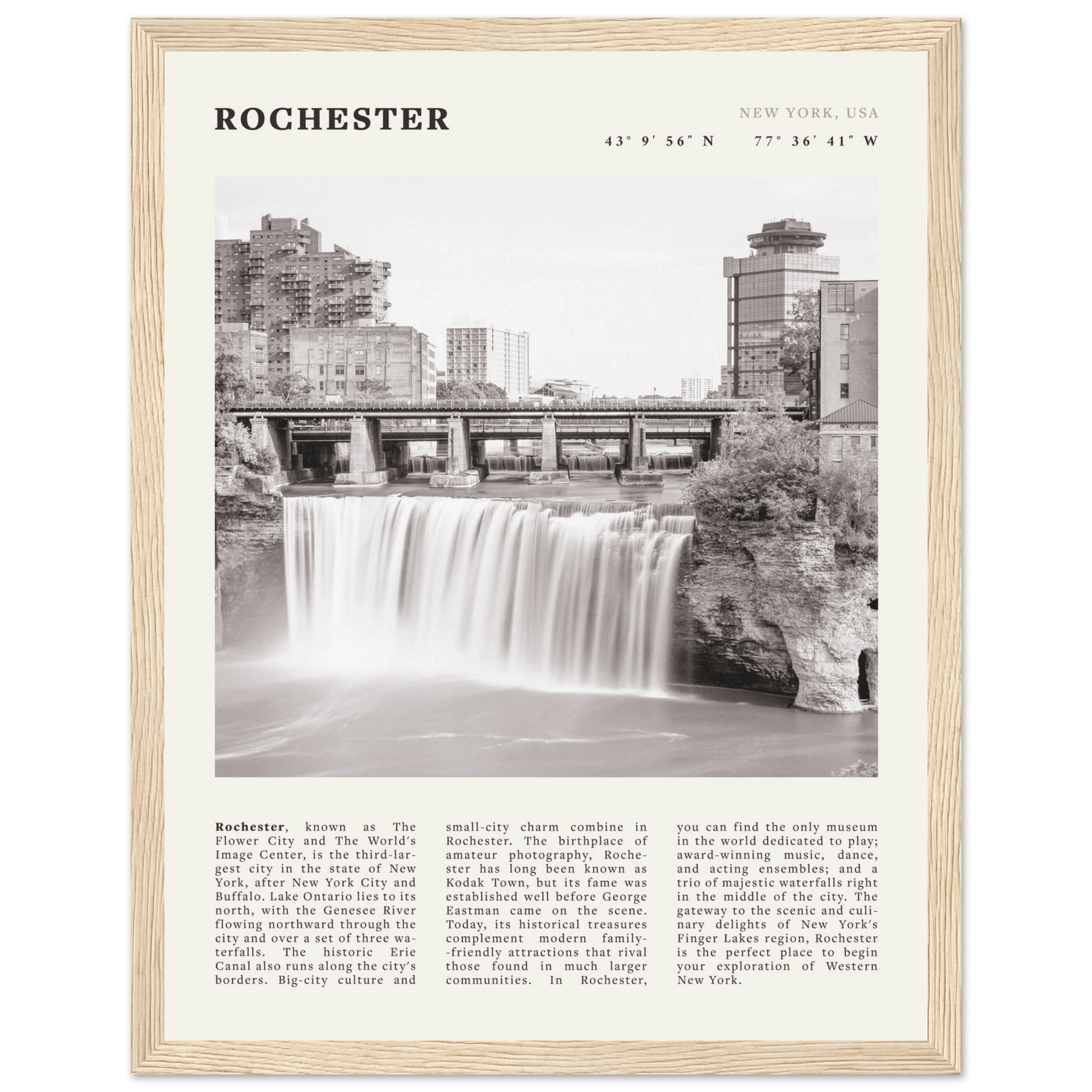 Rochester Poster | Black & White High Falls Wall Art | New York Travel Print - Evergreen Posters