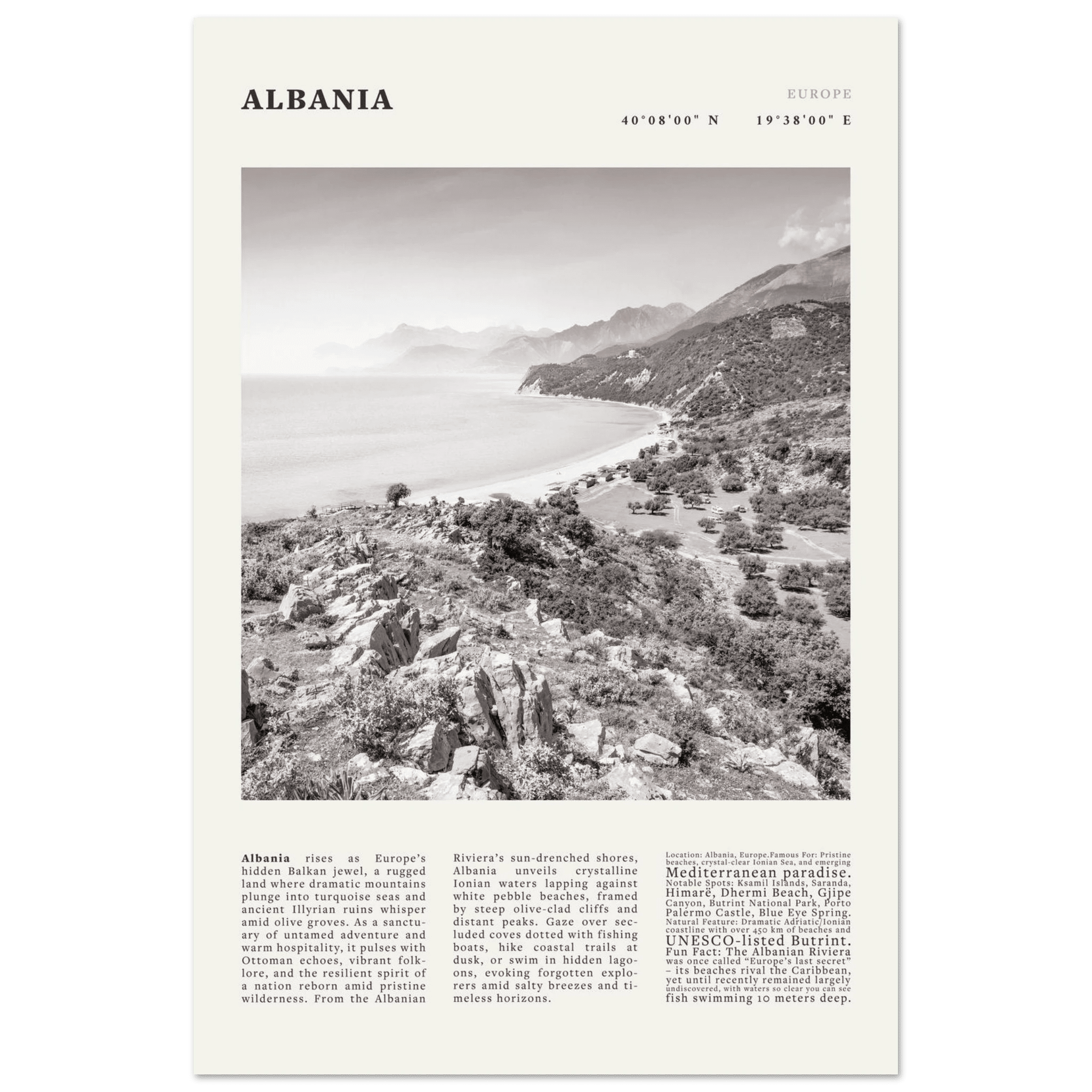 Albania Poster Black and White – Vintage Albanian Riviera Travel Print (Digital & Printed Options) - Evergreen Posters
