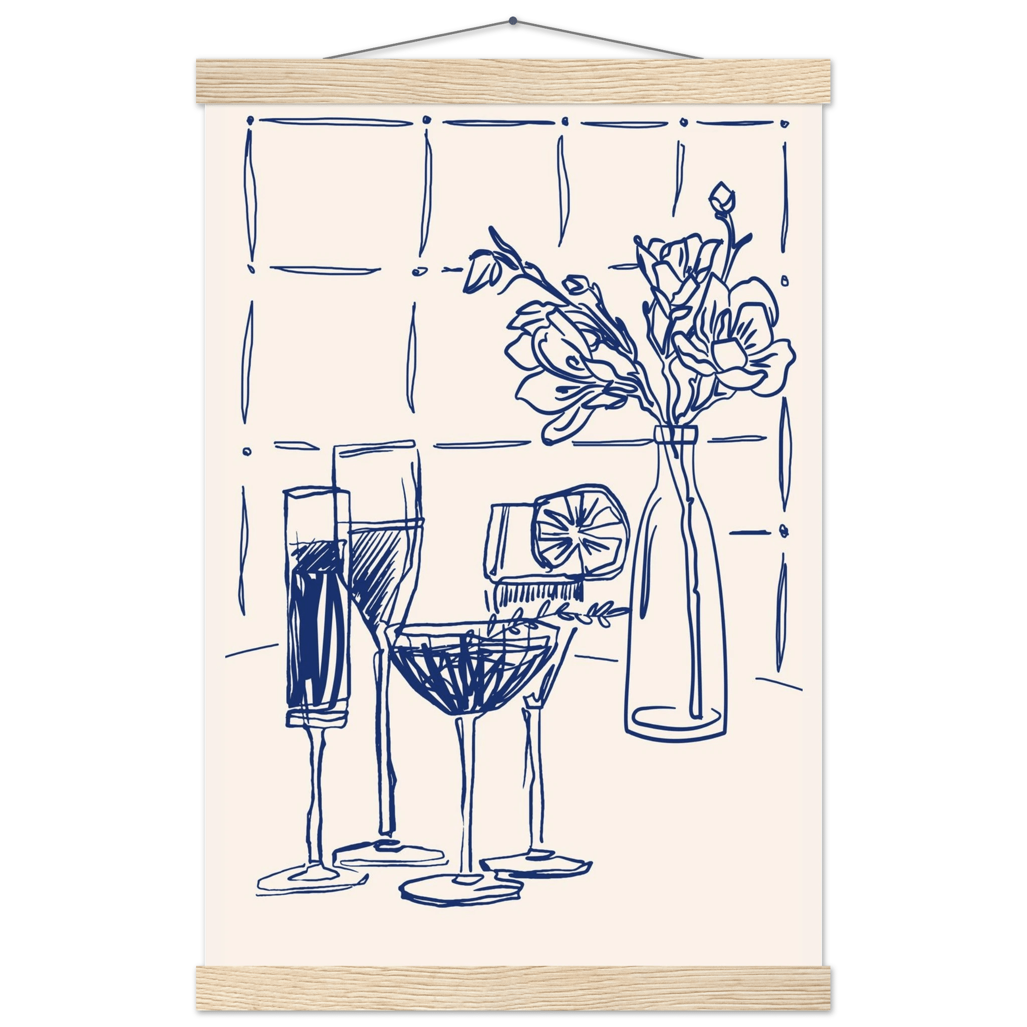 Cocktails & Flowers Print | Navy Blue Line Art Drinks Wall Art | Kitchen Bar Poster - Evergreen Posters