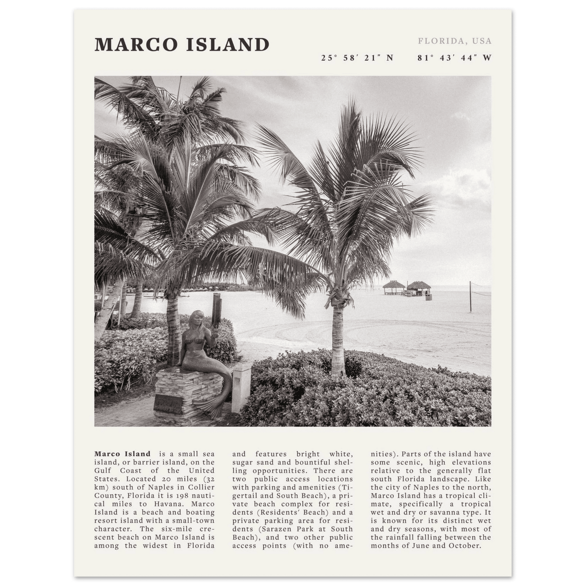 Marco Island Poster | Black & White Florida Beach Wall Art | Coastal Travel Print - Evergreen Posters