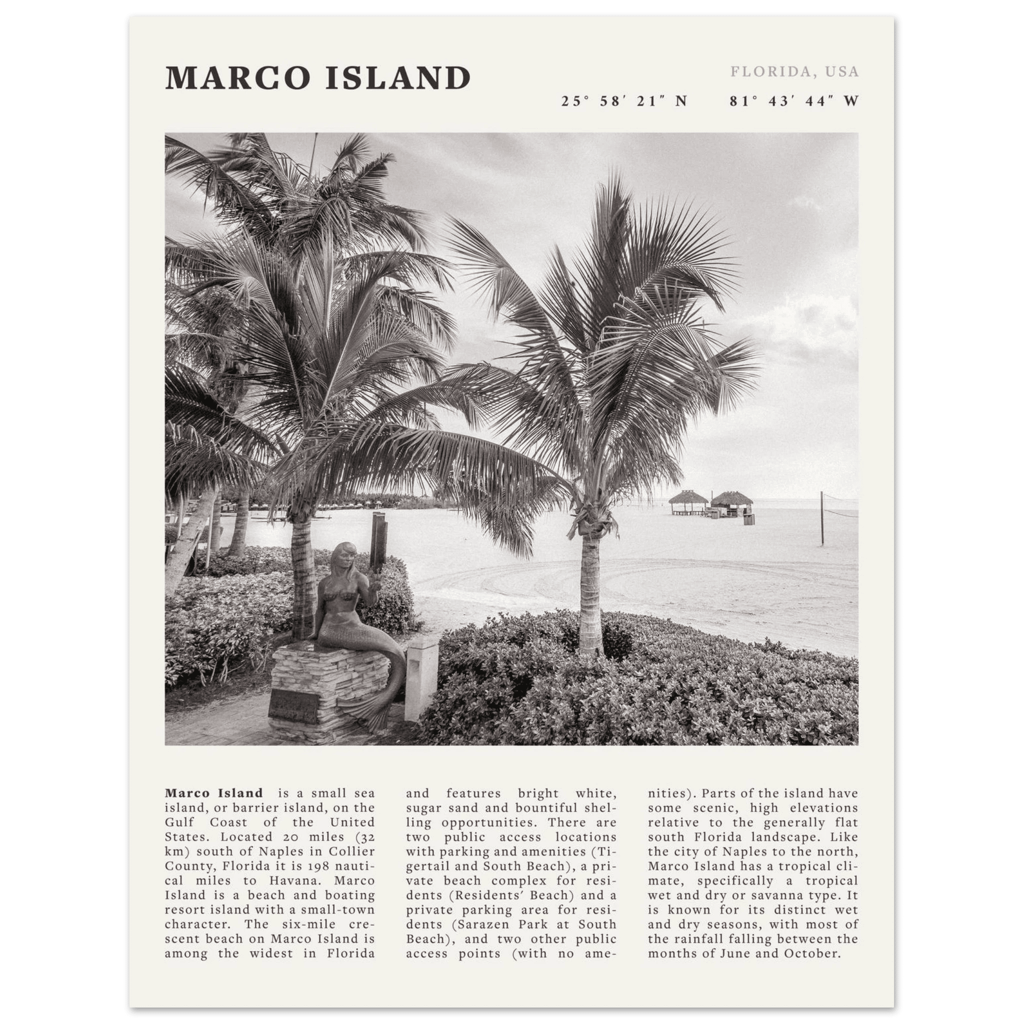 Marco Island Poster | Black & White Florida Beach Wall Art | Coastal Travel Print - Evergreen Posters