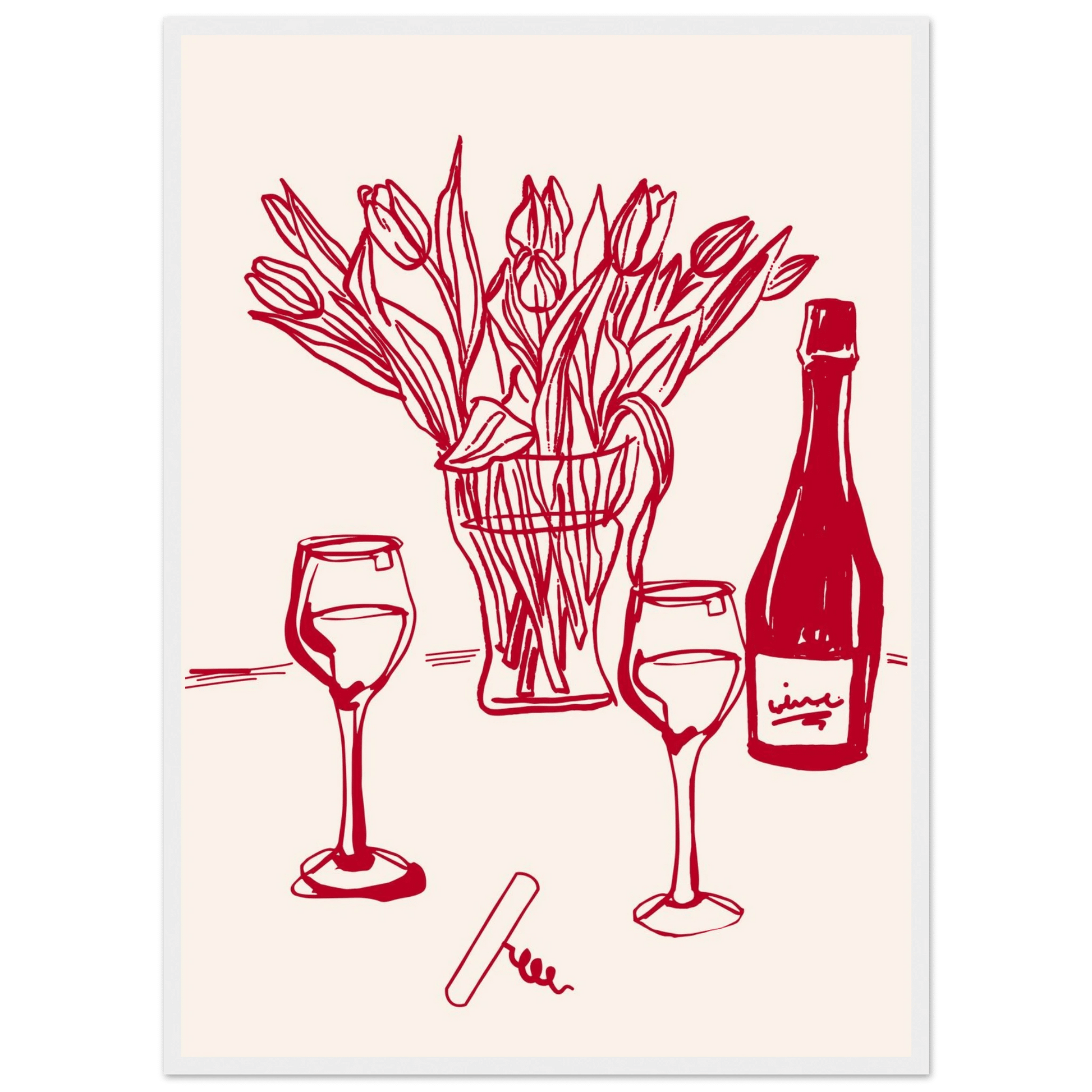 Red Wine & Tulips Print | Line Art Wine Bottle Wall Art | Kitchen Poster - Evergreen Posters