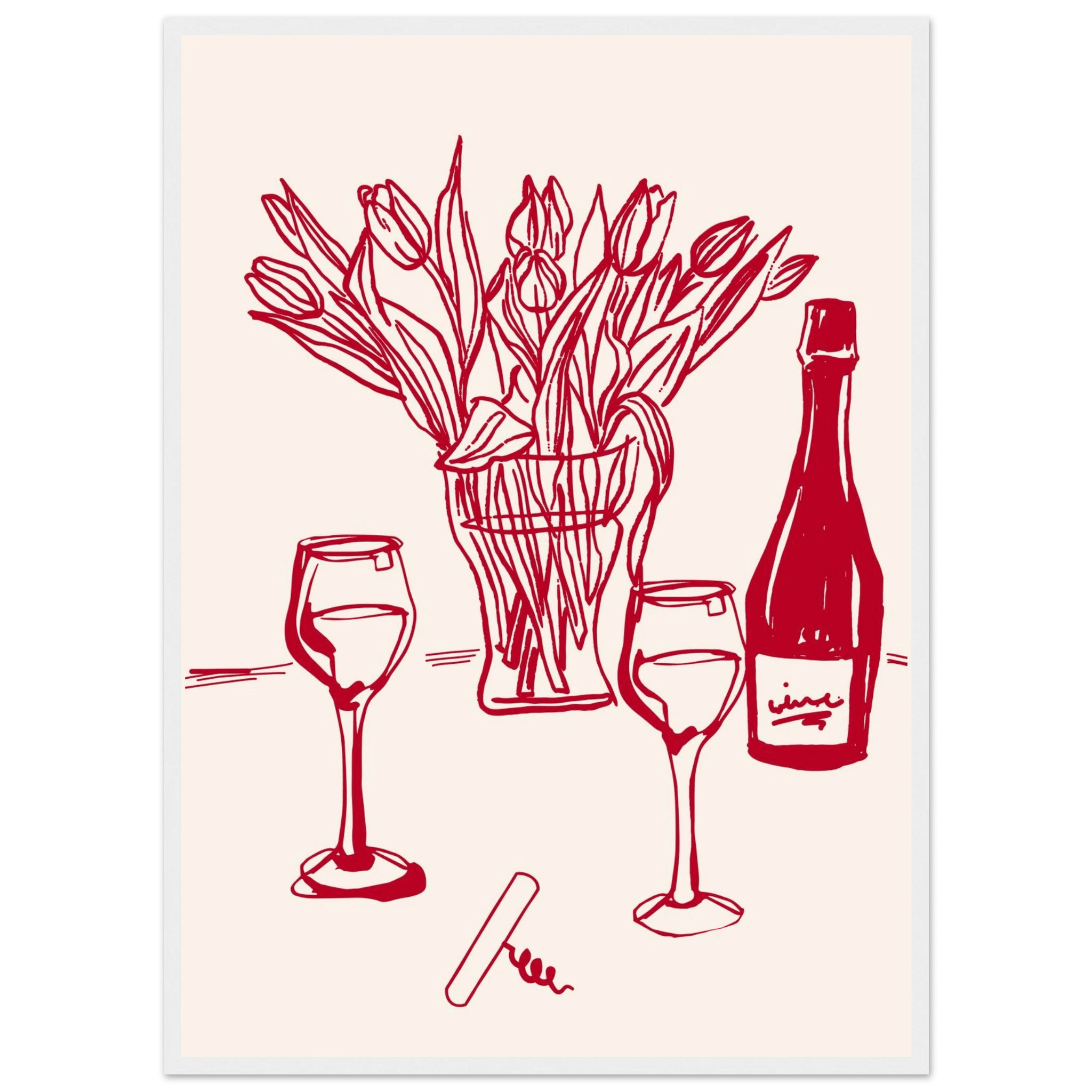 Red Wine & Tulips Print | Line Art Wine Bottle Wall Art | Kitchen Poster - Evergreen Posters