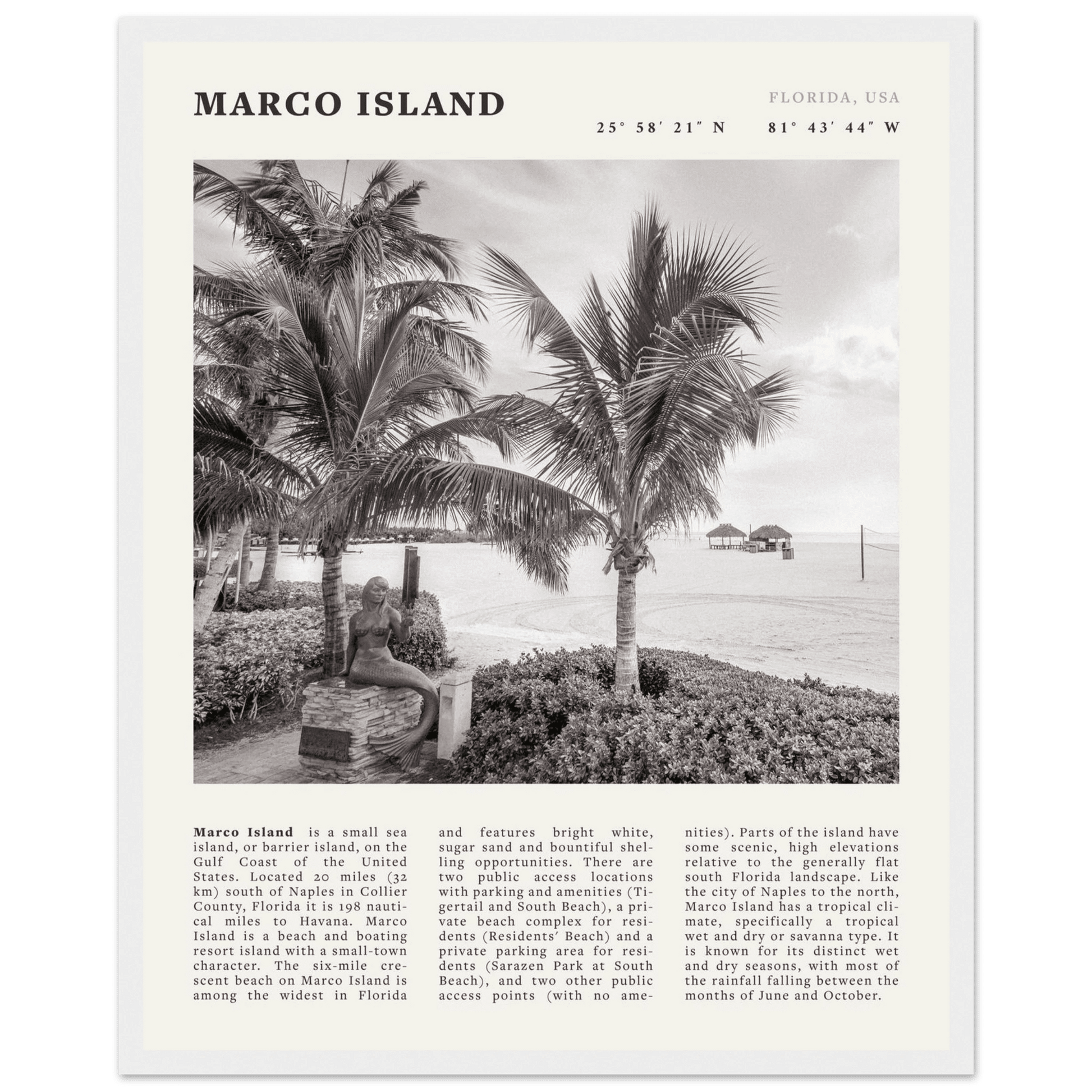 Marco Island Poster | Black & White Florida Beach Wall Art | Coastal Travel Print - Evergreen Posters