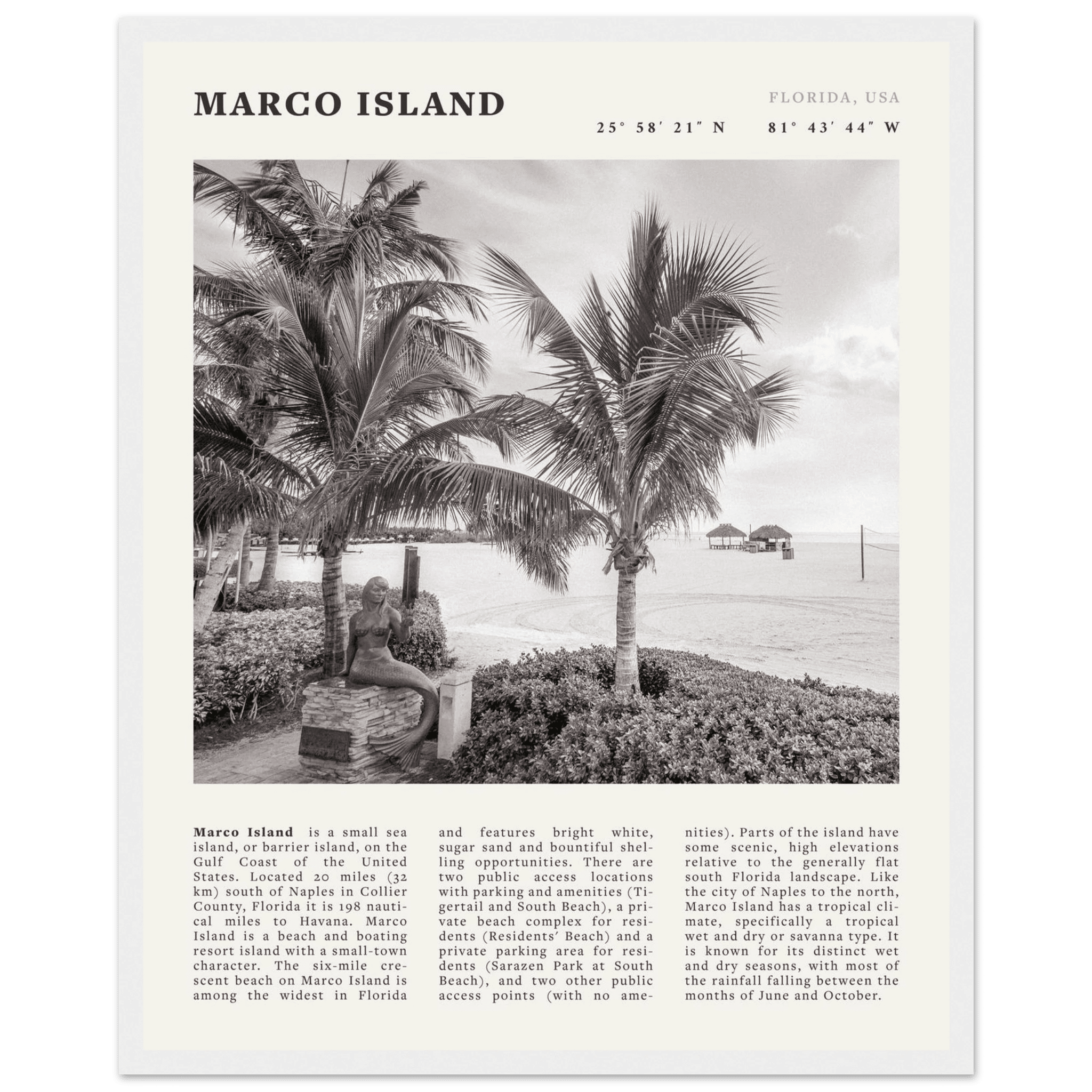 Marco Island Poster | Black & White Florida Beach Wall Art | Coastal Travel Print - Evergreen Posters