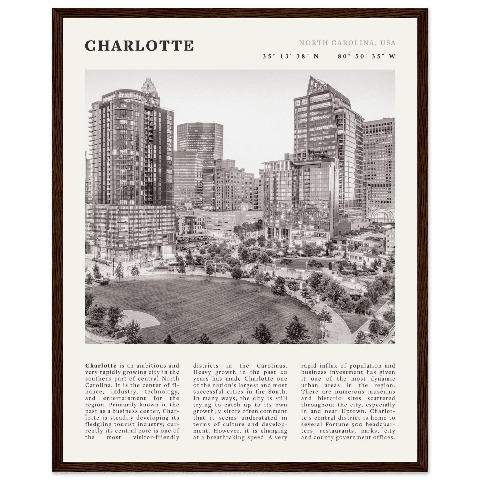 Charlotte Poster | Black & White North Carolina Skyline Wall Art | NC Travel Print - Evergreen Posters