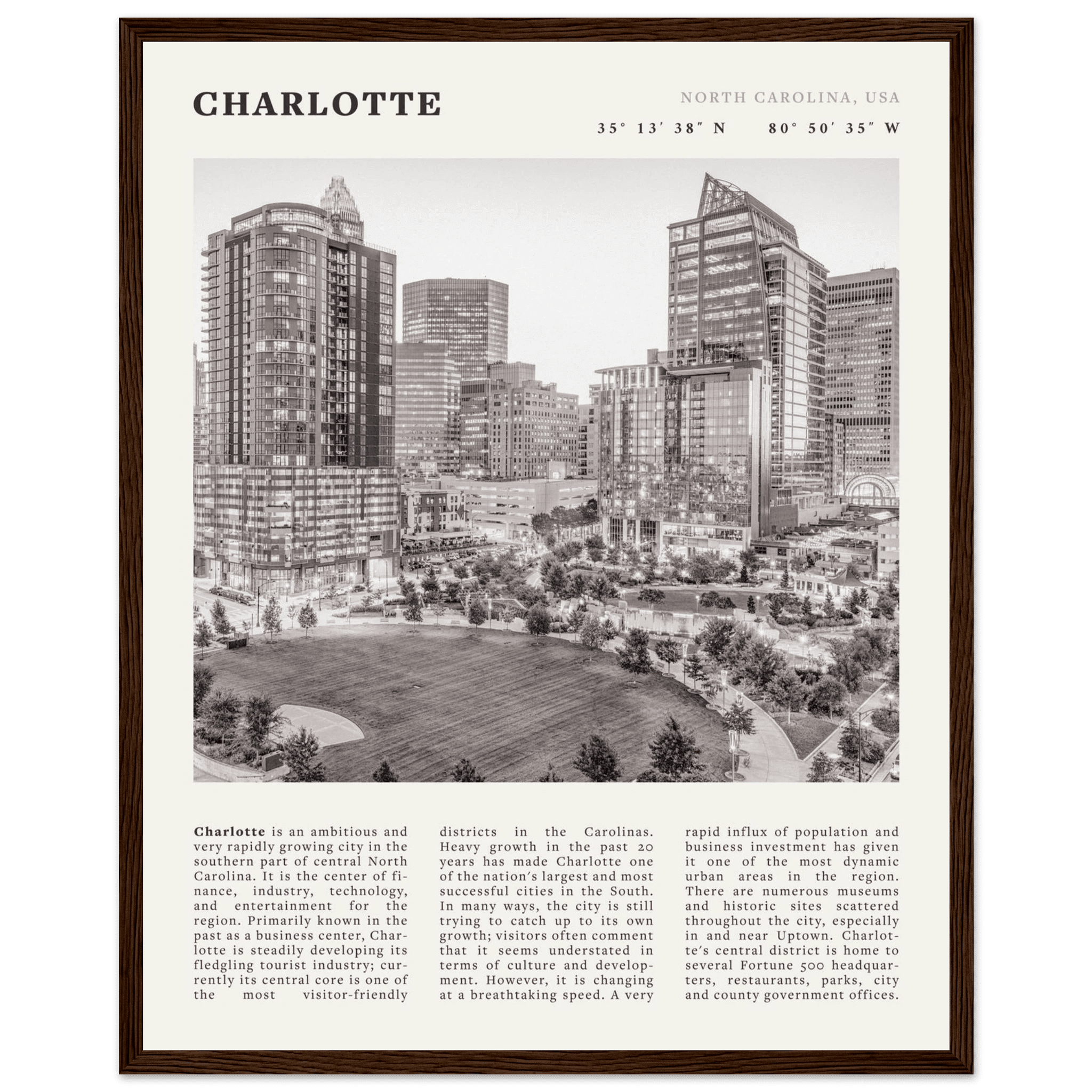 Charlotte Poster | Black & White North Carolina Skyline Wall Art | NC Travel Print - Evergreen Posters