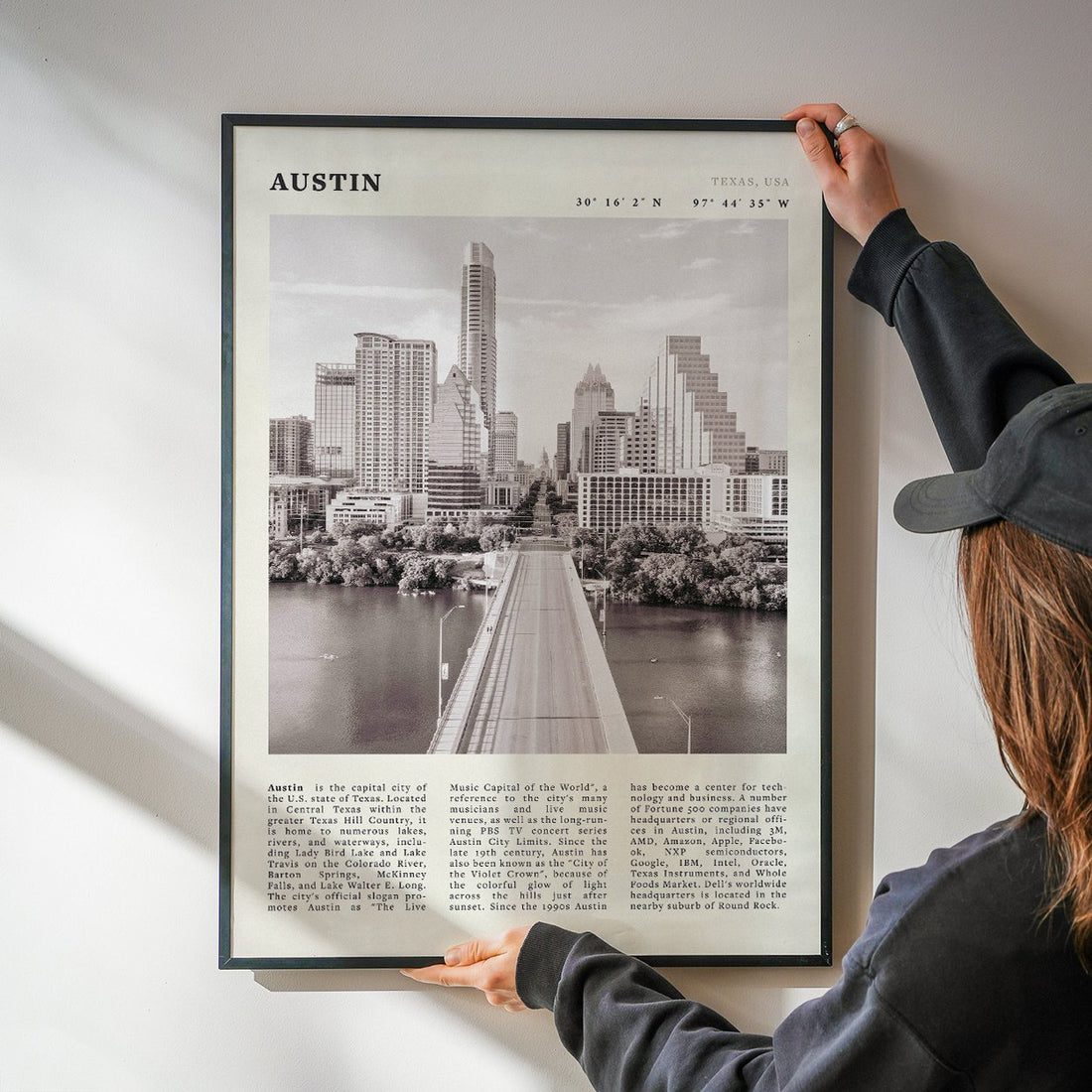 Austin Poster | Black & White Texas Skyline Wall Art | City Travel Print Decor - Evergreen Posters