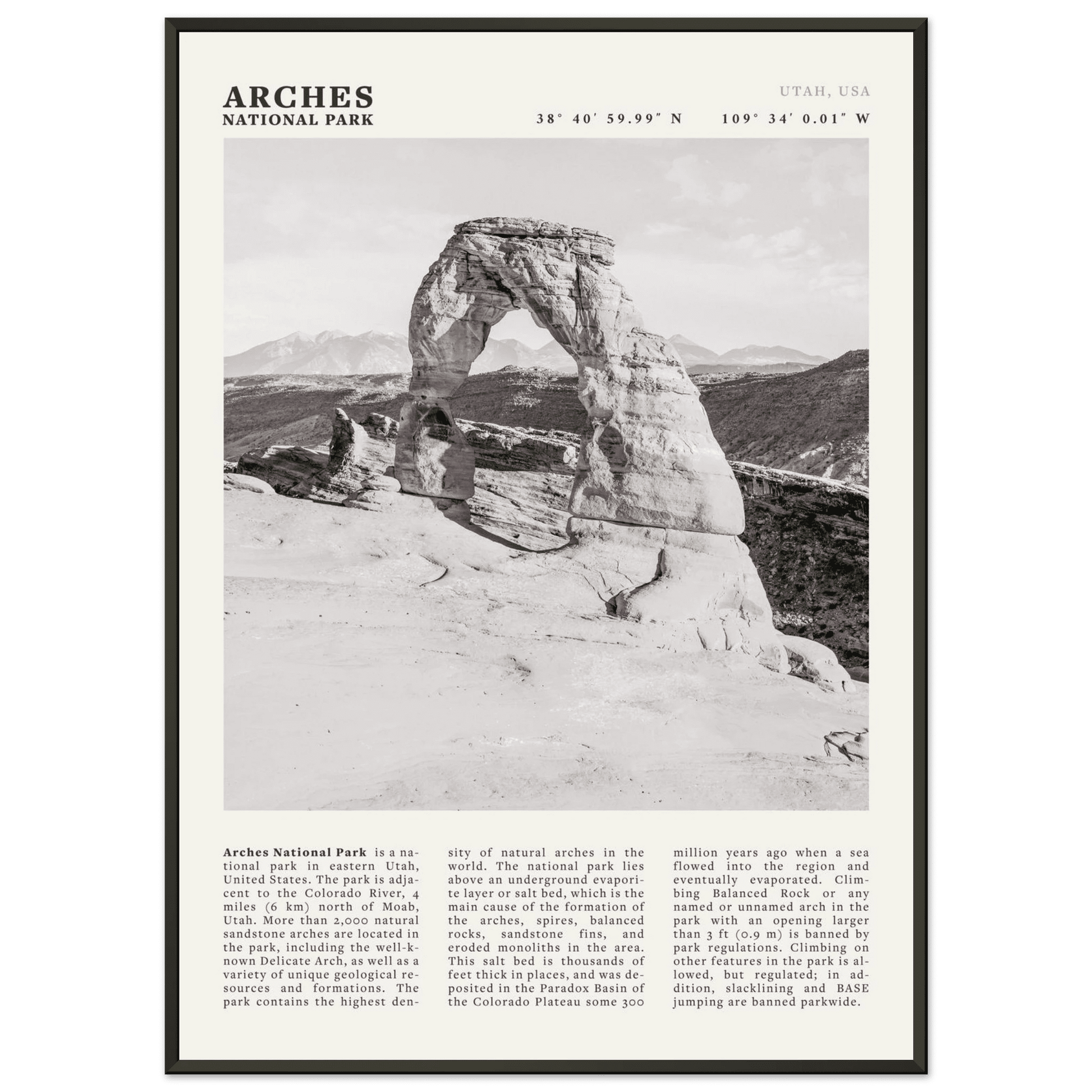 Arches National Park Poster | Black & White Utah Wall Art | Delicate Arch Print - Evergreen Posters