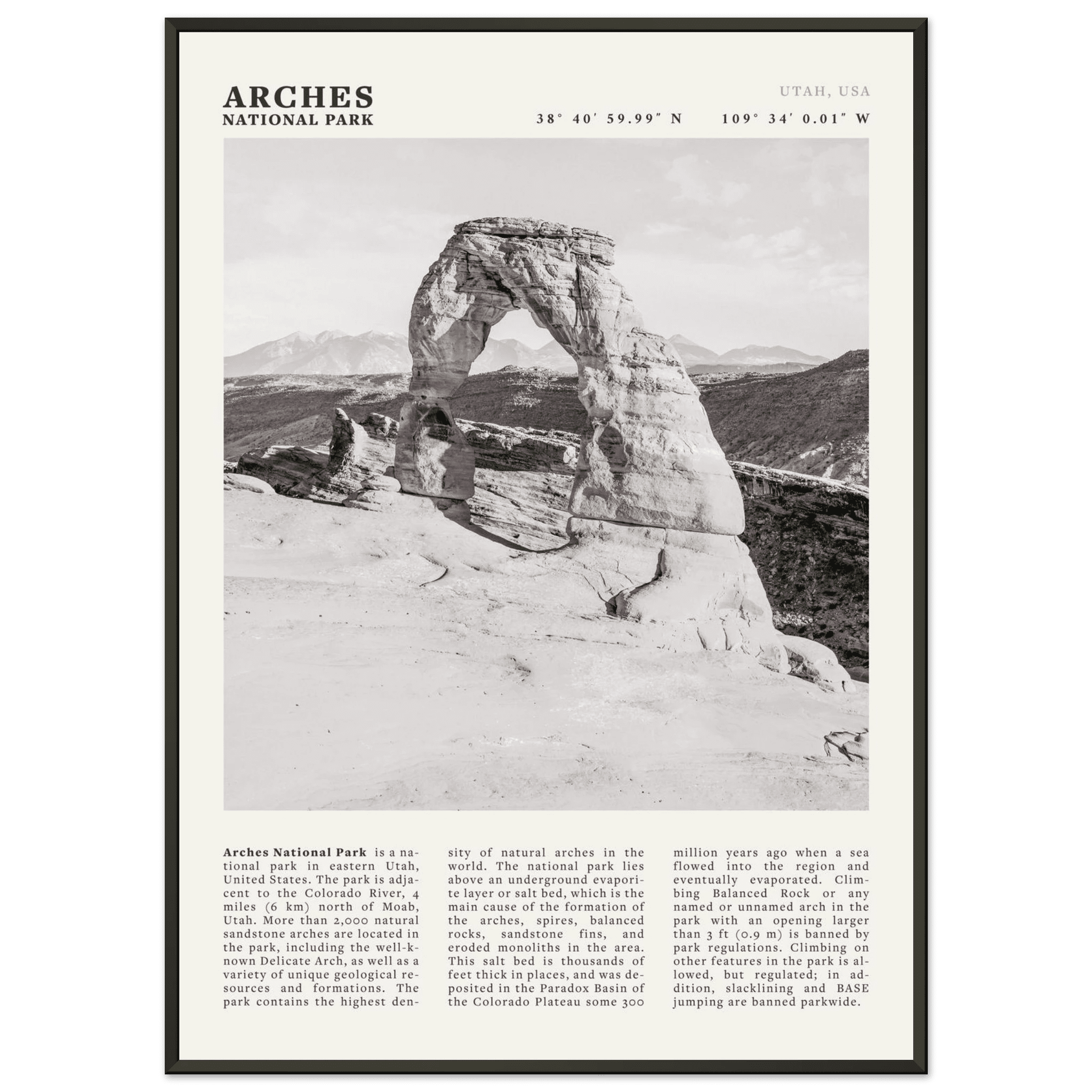 Arches National Park Poster | Black & White Utah Wall Art | Delicate Arch Print - Evergreen Posters