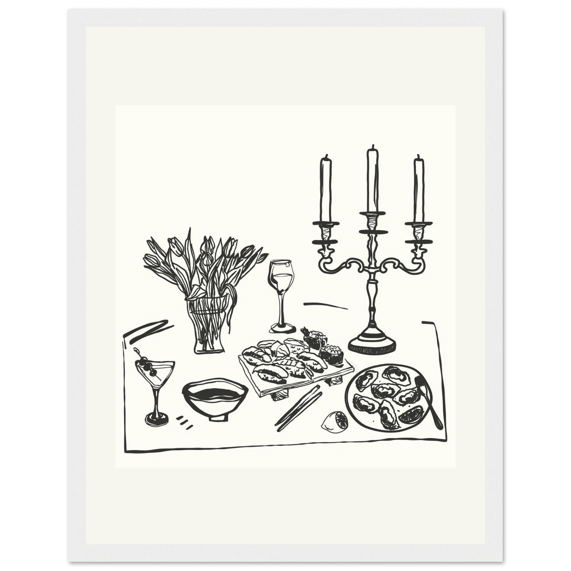 Fine Dining Table Print | Black Line Art Kitchen Wall Art | Elegant Dining Room Poster - Evergreen Posters