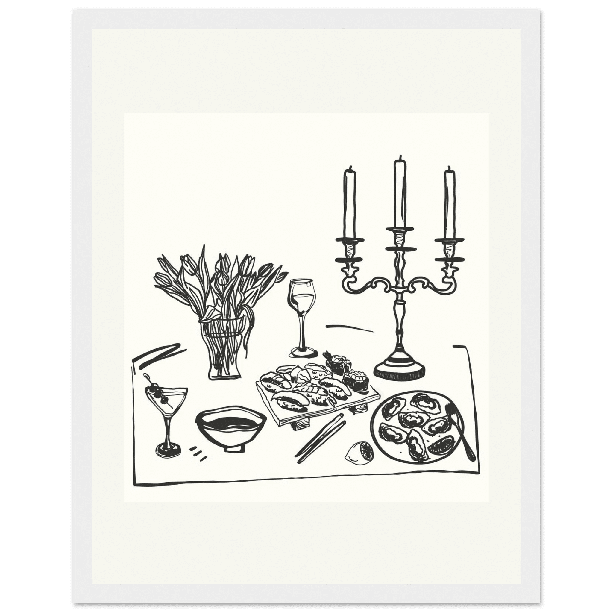 Fine Dining Table Print | Black Line Art Kitchen Wall Art | Elegant Dining Room Poster - Evergreen Posters