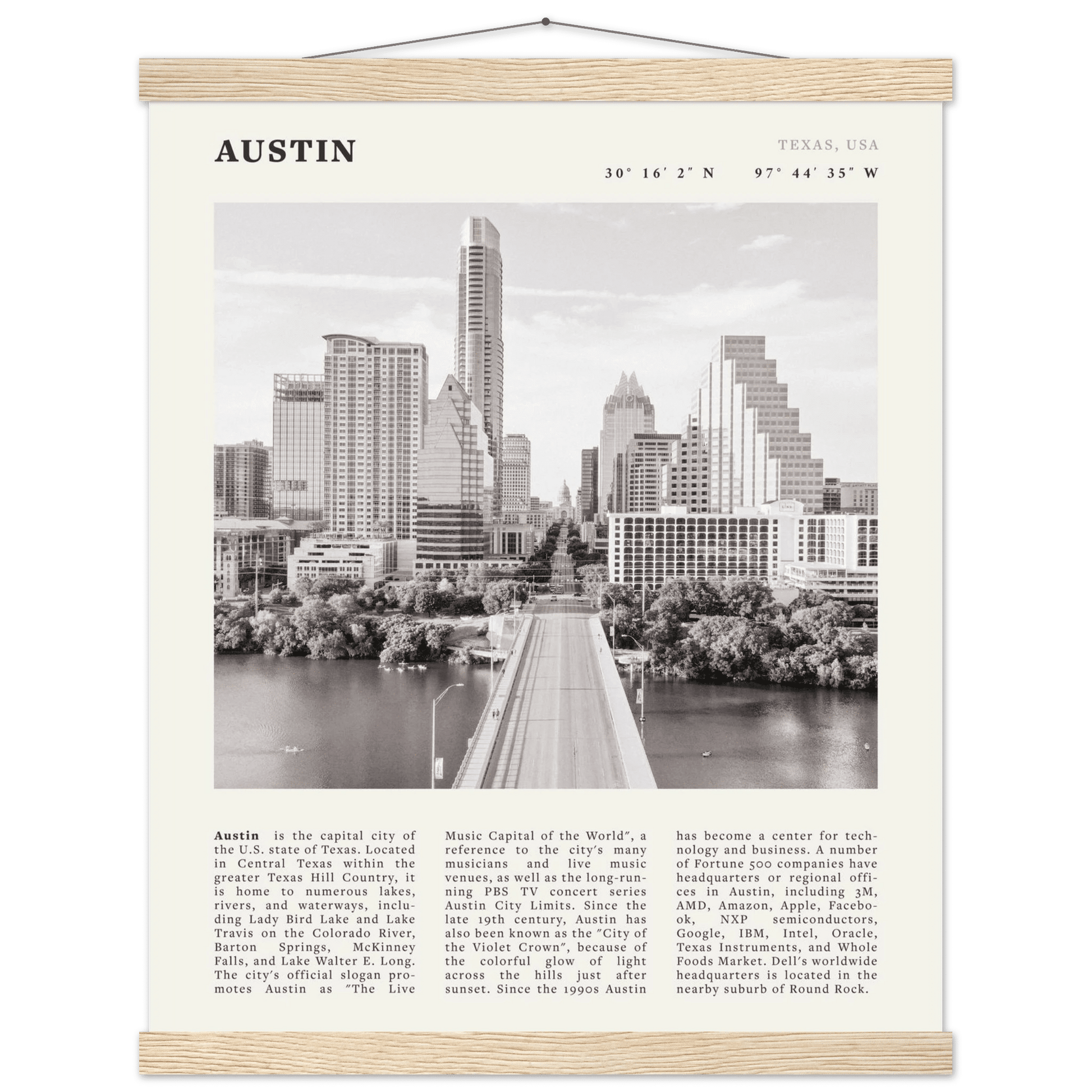 Austin Poster | Black & White Texas Skyline Wall Art | City Travel Print Decor - Evergreen Posters