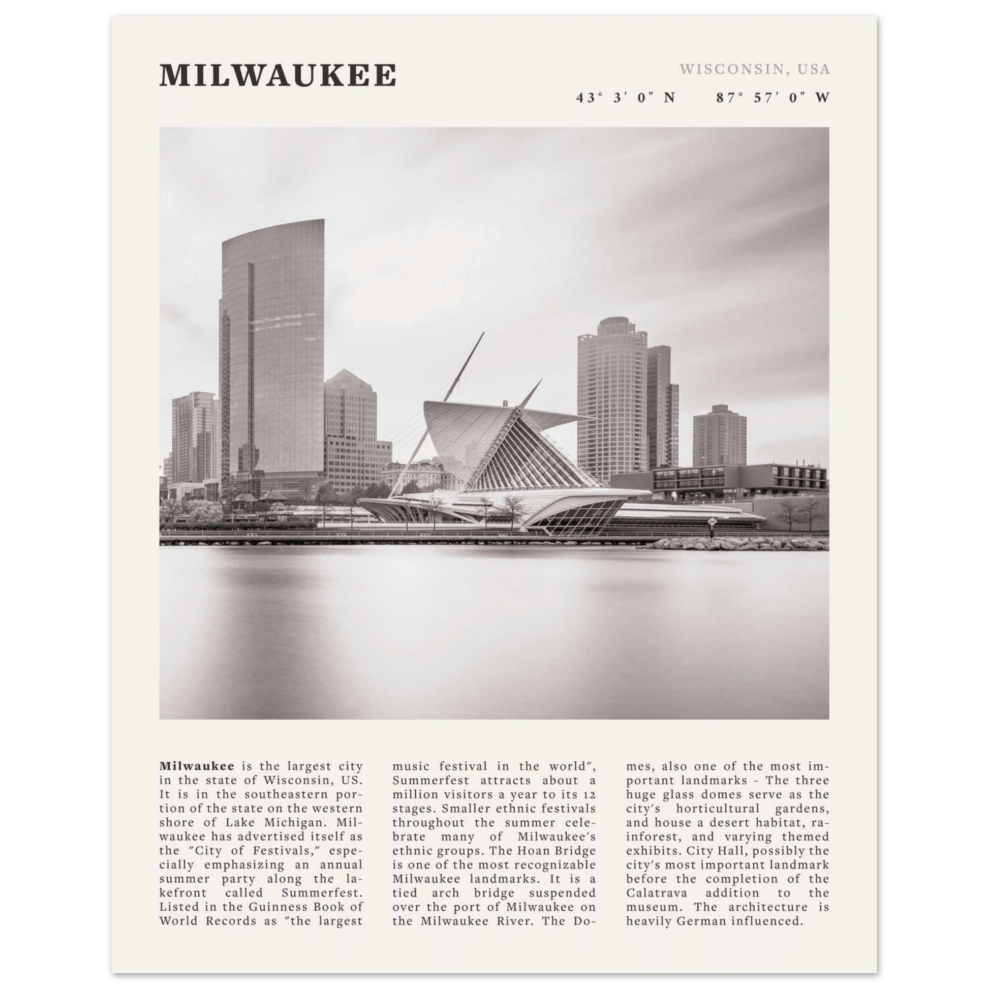 Milwaukee Poster | Black & White Wisconsin City Wall Art | USA Travel Print - Evergreen Posters