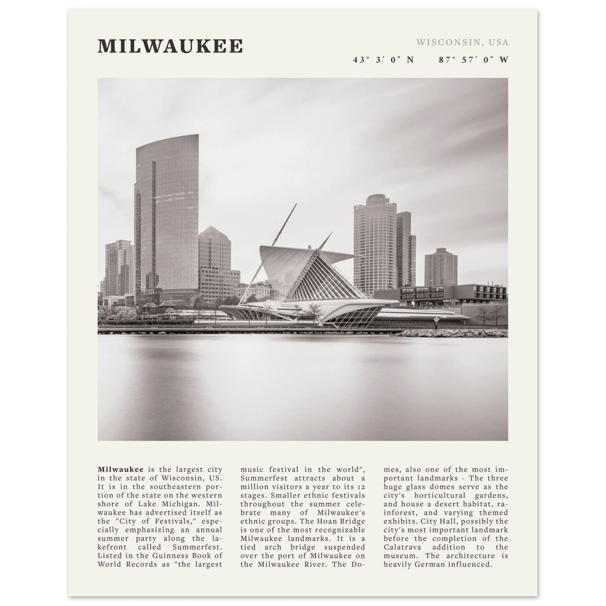 Milwaukee Poster | Black & White Wisconsin City Wall Art | USA Travel Print - Evergreen Posters