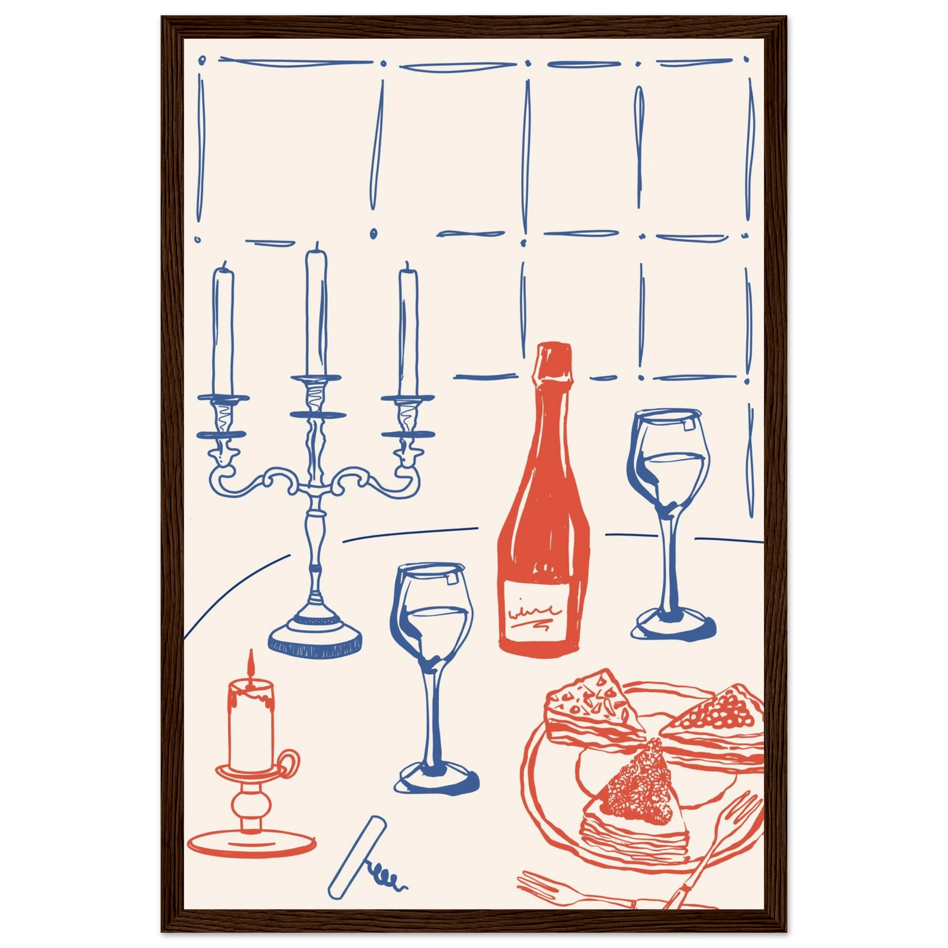Candlelight Dinner Print | Wine & Candelabra Line Art Wall Art | Kitchen Poster - Evergreen Posters
