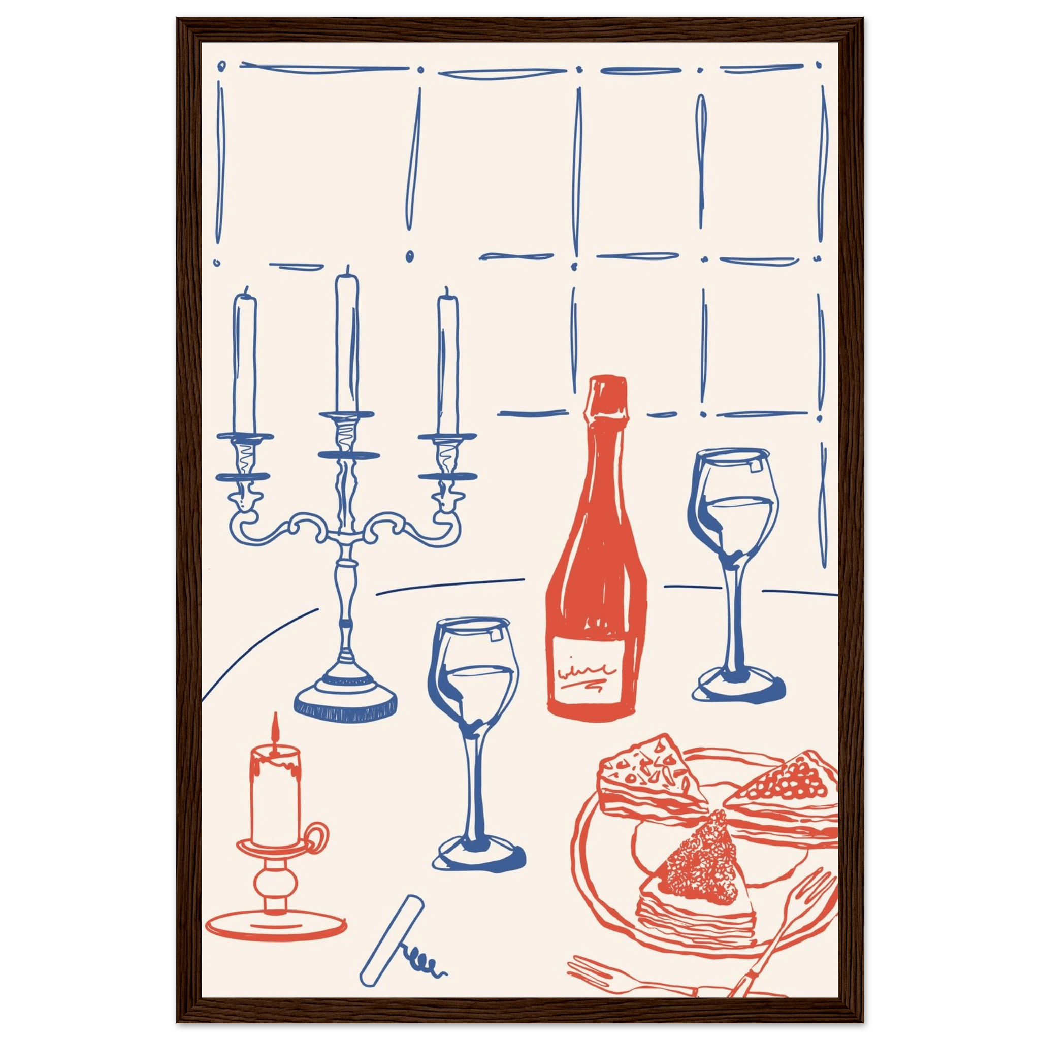 Candlelight Dinner Print | Wine & Candelabra Line Art Wall Art | Kitchen Poster - Evergreen Posters