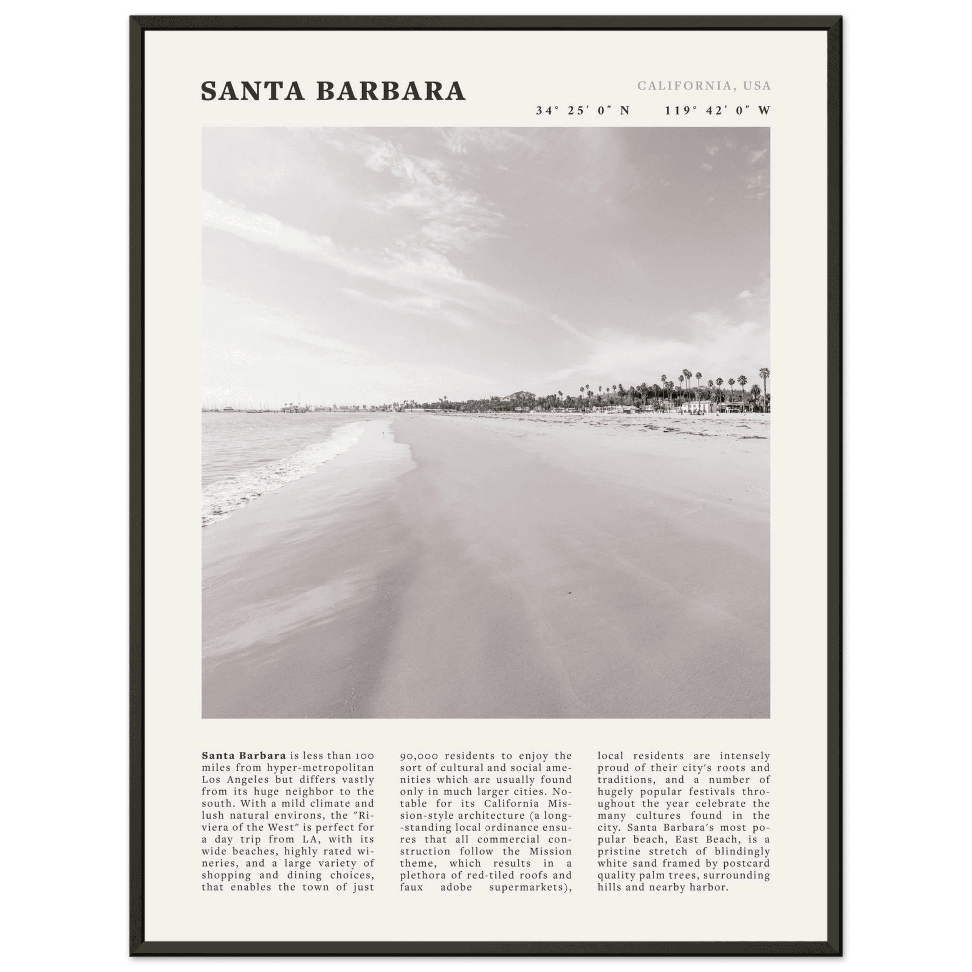 Santa Barbara Poster | Black & White California Beach Wall Art | CA Travel Print - Evergreen Posters